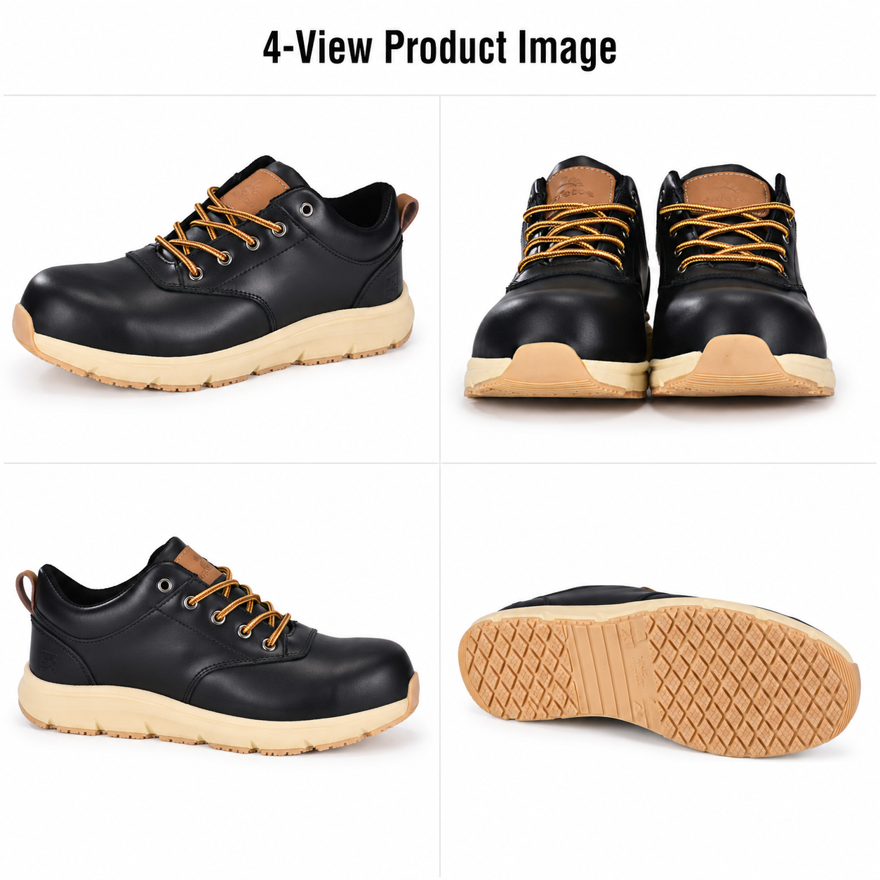 Composite Toe Safety Shoes 4-View Image Image du produit en quatre vues de chaussures de sécurité à bout composite en cuir noir avec semelle extérieure antidérapante