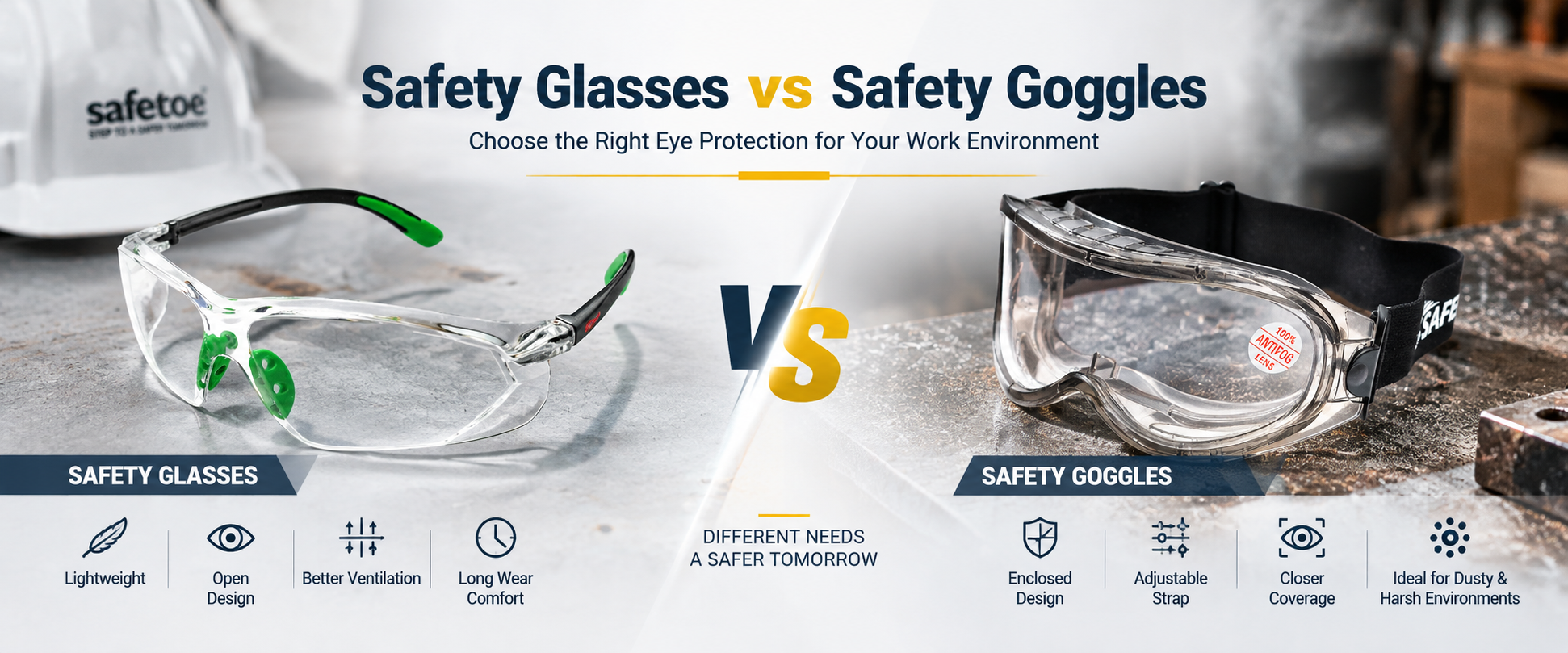 Safety Glasses vs Safety GogglesGoggles Comparaison des lunettes de sécurité et des lunettes de sécurité pour la protection oculaire industrielle