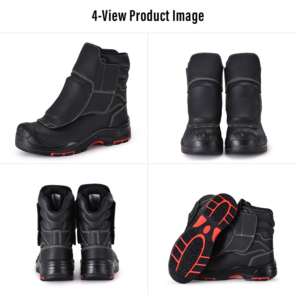 H-9552FD Foundry Metatarsal Safety Boots Four Views Images à quatre vues des bottes de sécurité métatarsiennes noires H-9552FD pour le travail de fonderie et de métal en fusion