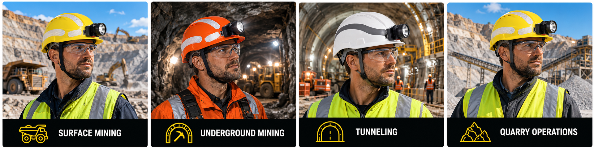Mining & Underground Safety Helmets for Professional Operations Casques de sécurité pour les opérations minières à ciel ouvert, souterraines, de tunnels et de carrières