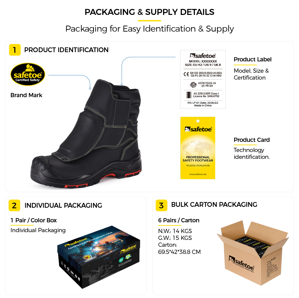 H-9552FD Safety Boots Packaging and Supply Details Bottes de sécurité de fonderie métatarsiennes H-9552FD avec identification du produit, boîte individuelle et emballage en carton en vrac