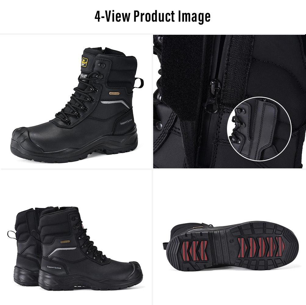 Safetoe H-9552 IceGrip Winter Safety Boots – Four Views Image en quatre vues de Safetoe Bottes de sécurité d'hiver H-9552 IceGrip montrant une vue latérale, fermeture éclair latérale imperméable, profil arrière et semelle extérieure Ice-Grip