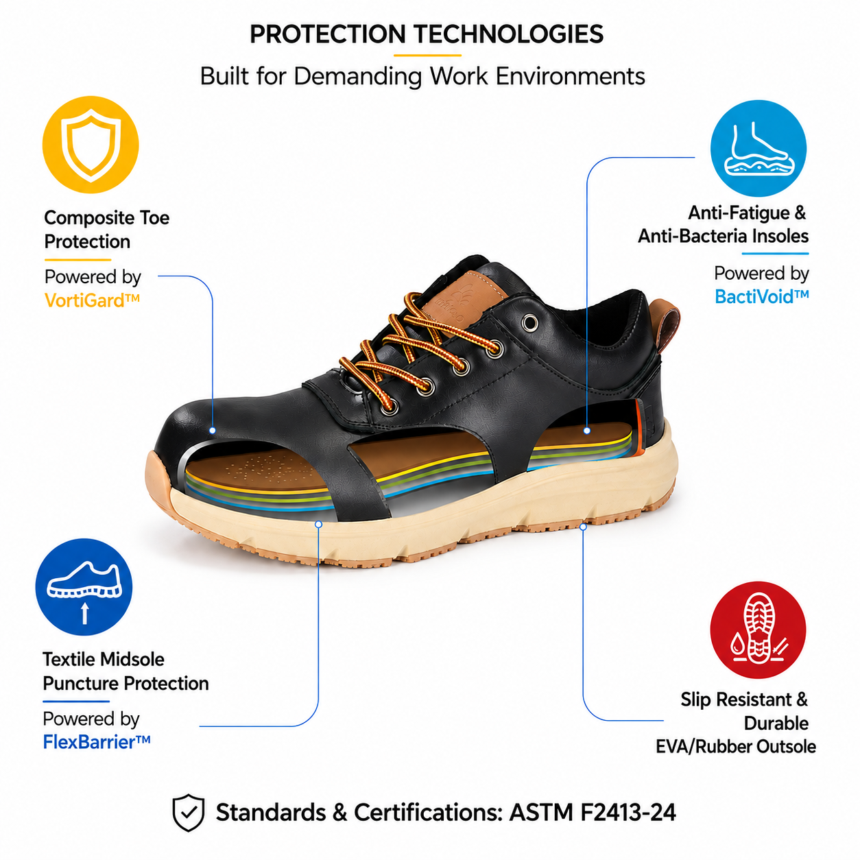 Safety Shoe Protection Technologies Overview Technologies de protection des chaussures de sécurité en cuir noir avec bout composite, semelle intercalaire en textile, semelles intérieures anti-fatigue et semelle extérieure en caoutchouc PU