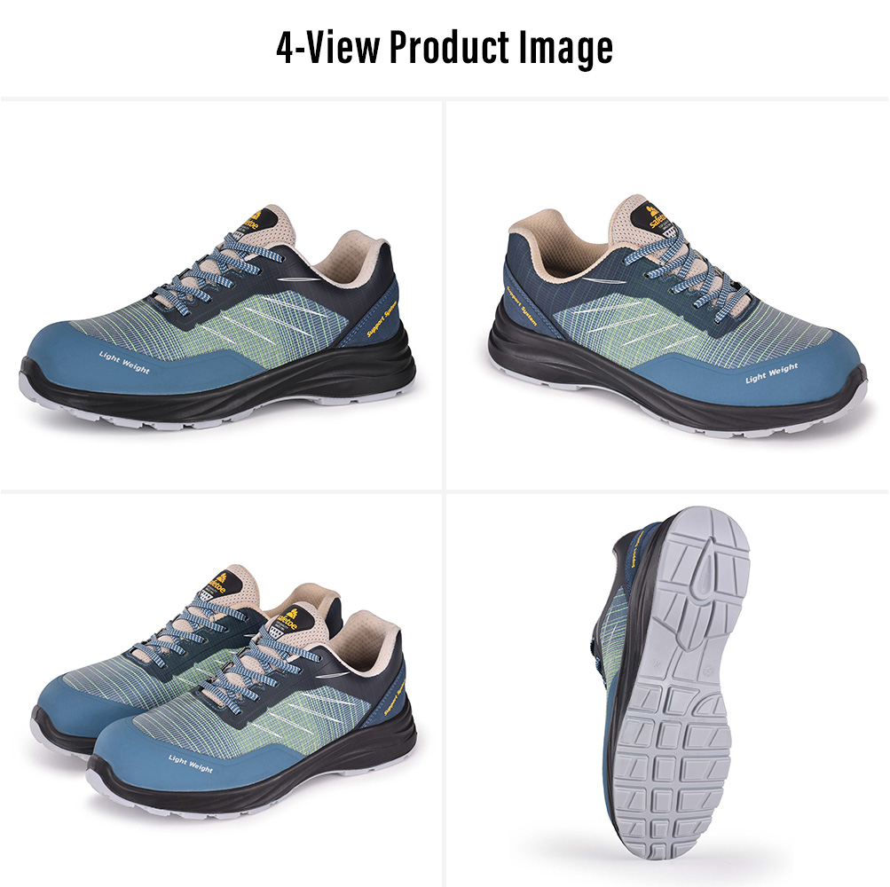 Low-Cut Safety Shoes Multi-View Display Vues multiples de chaussures de sécurité basses respirantes avec embout protecteur et semelle extérieure antidérapante