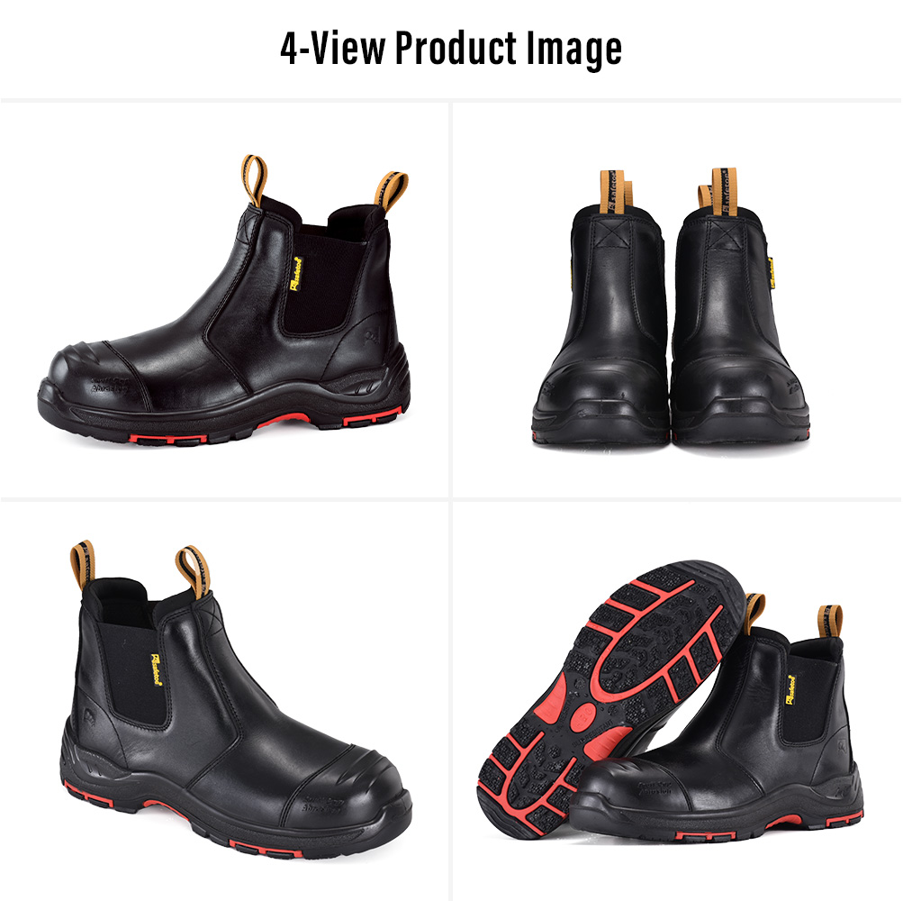 M-8025NBK Black Slip-On Work Boot Views Plusieurs vues de Safetoe bottes de travail industrielles à enfiler en cuir noir M-8025NBK