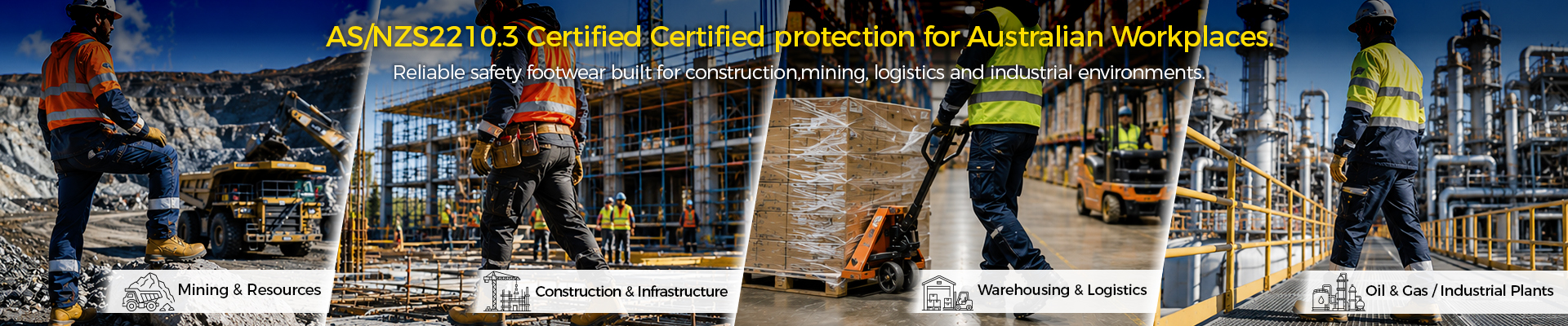 AS/NZS Certified Safety Footwear for Australia & New Zealand | Safetoe Chaussures de sécurité certifiées AS/NZS pour les lieux de travail australiens et néo-zélandais, notamment les environnements de construction, miniers, logistiques et industriels.