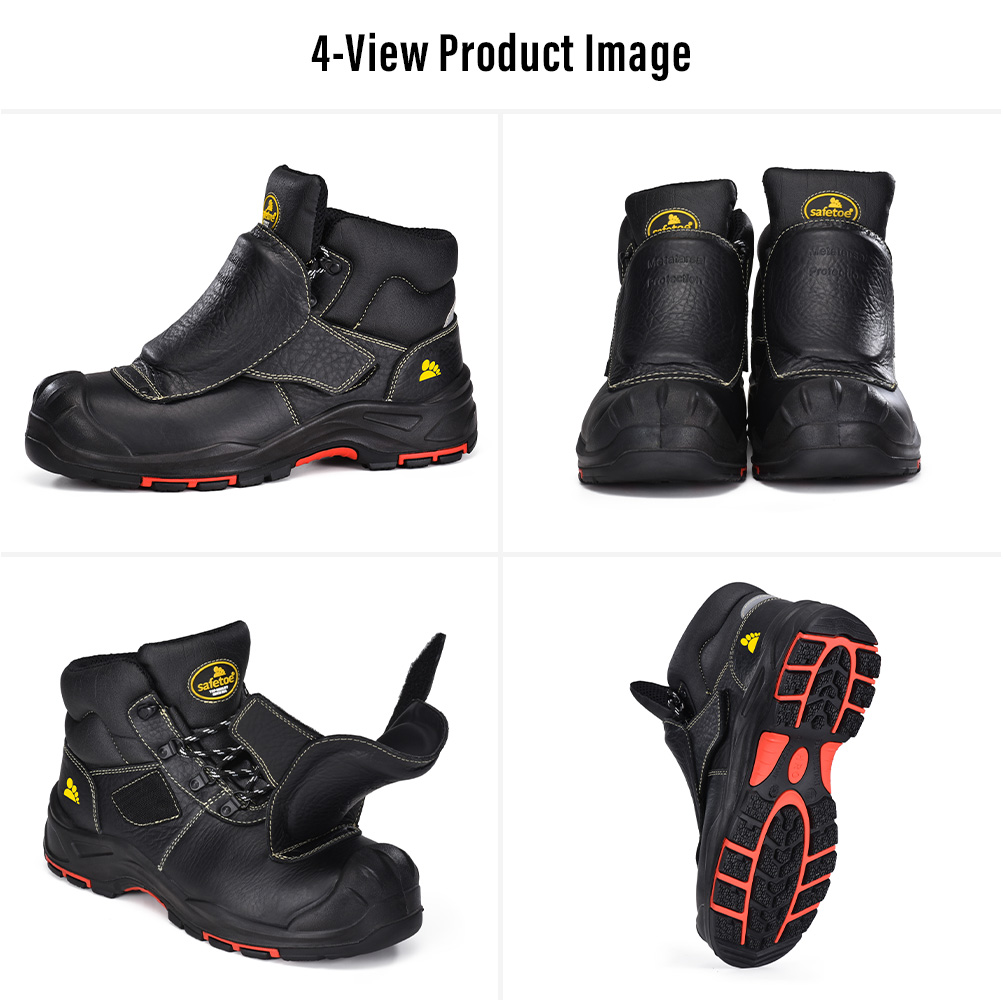 M-8387MP Metatarsal Welding Safety Boots – Four Views Quatre vues des Safetoe bottes de sécurité pour soudage métatarsien M-8387MP montrant la protection métatarsienne externe, le revêtement de protection pour soudage et la semelle extérieure