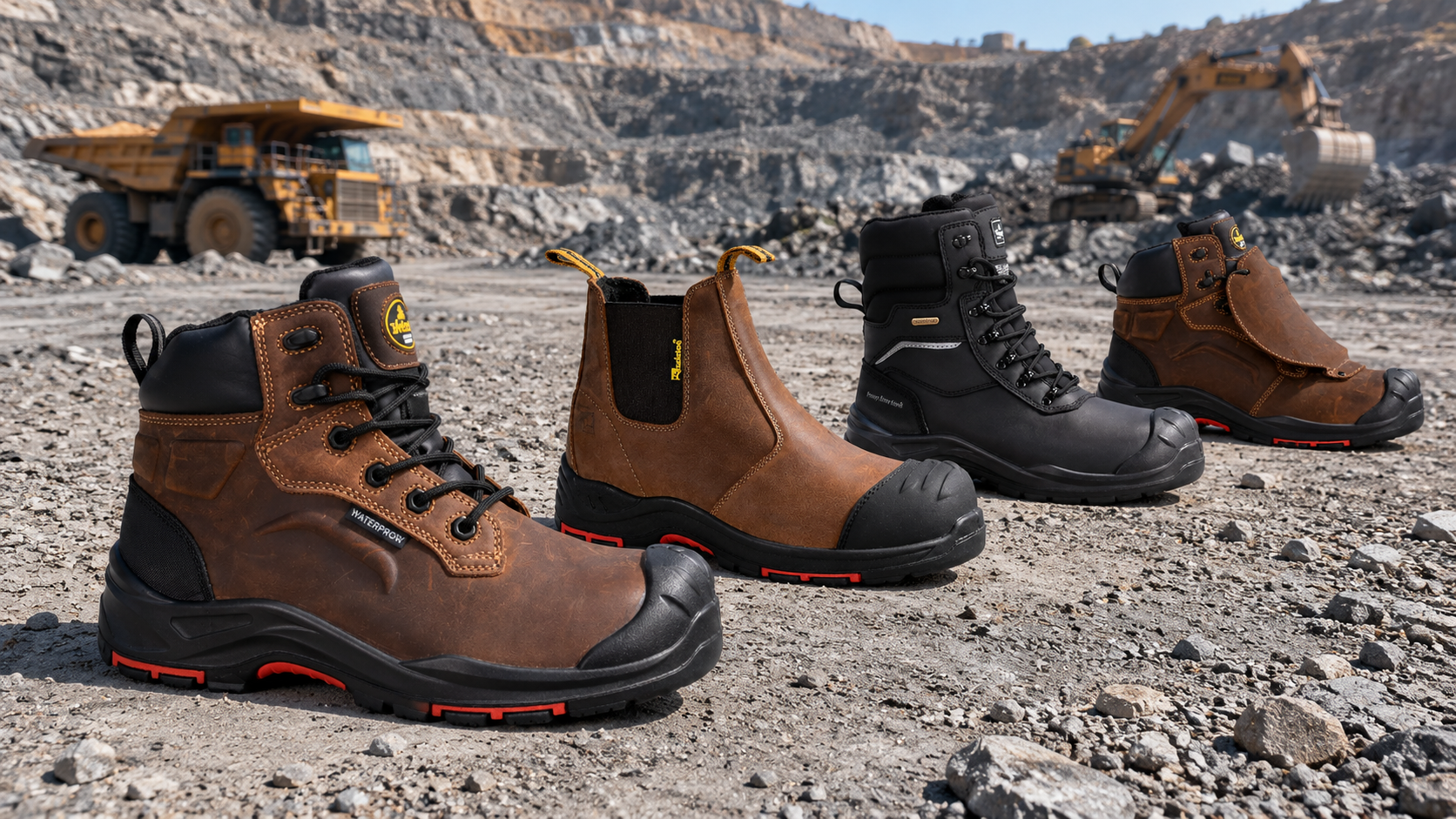 Mining Safety Boots for Open-Pit Operations Quatre bottes de sécurité minière exposées dans une carrière à ciel ouvert avec un camion de transport et une excavatrice