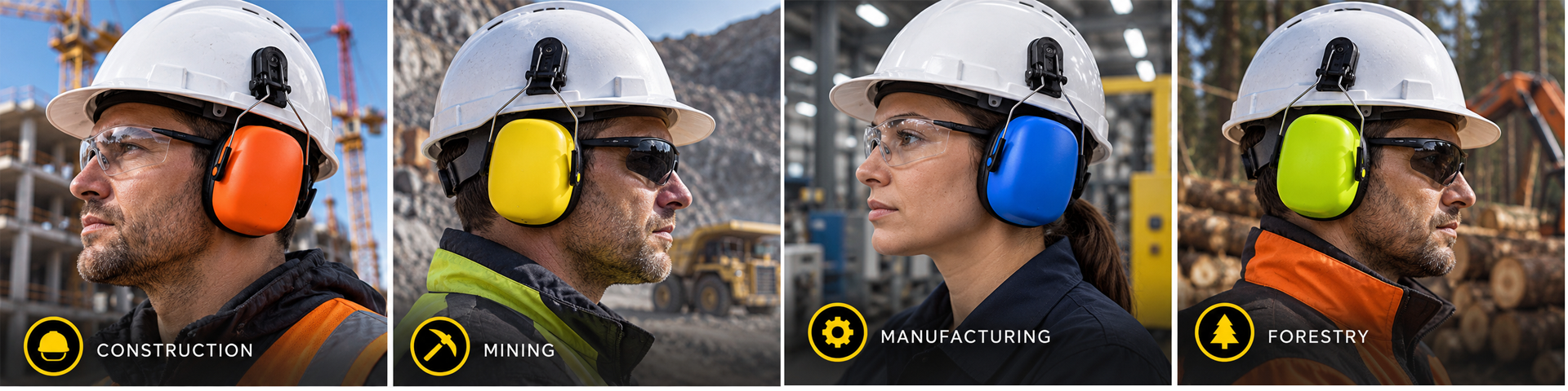 Helmet-Mounted Earmuffs for Industrial Hearing Protection Cache-oreilles Safeyear montés sur casque pour la protection auditive dans les secteurs de la construction, des mines, de la fabrication et de la foresterie