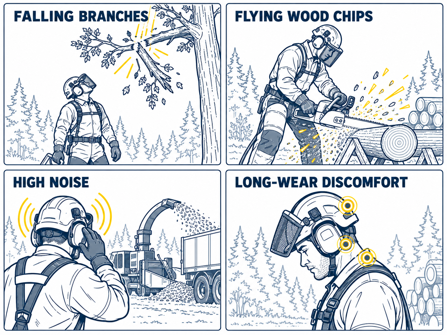 Key Hazards in Forestry Work Risques liés aux travaux forestiers, notamment chutes de branches, copeaux de bois volants, bruit élevé et inconfort de longue durée