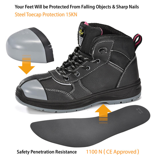 Bottes de travail de sécurité noires en cuir imperméable pour femmes Construction | M-8516W GraceShield