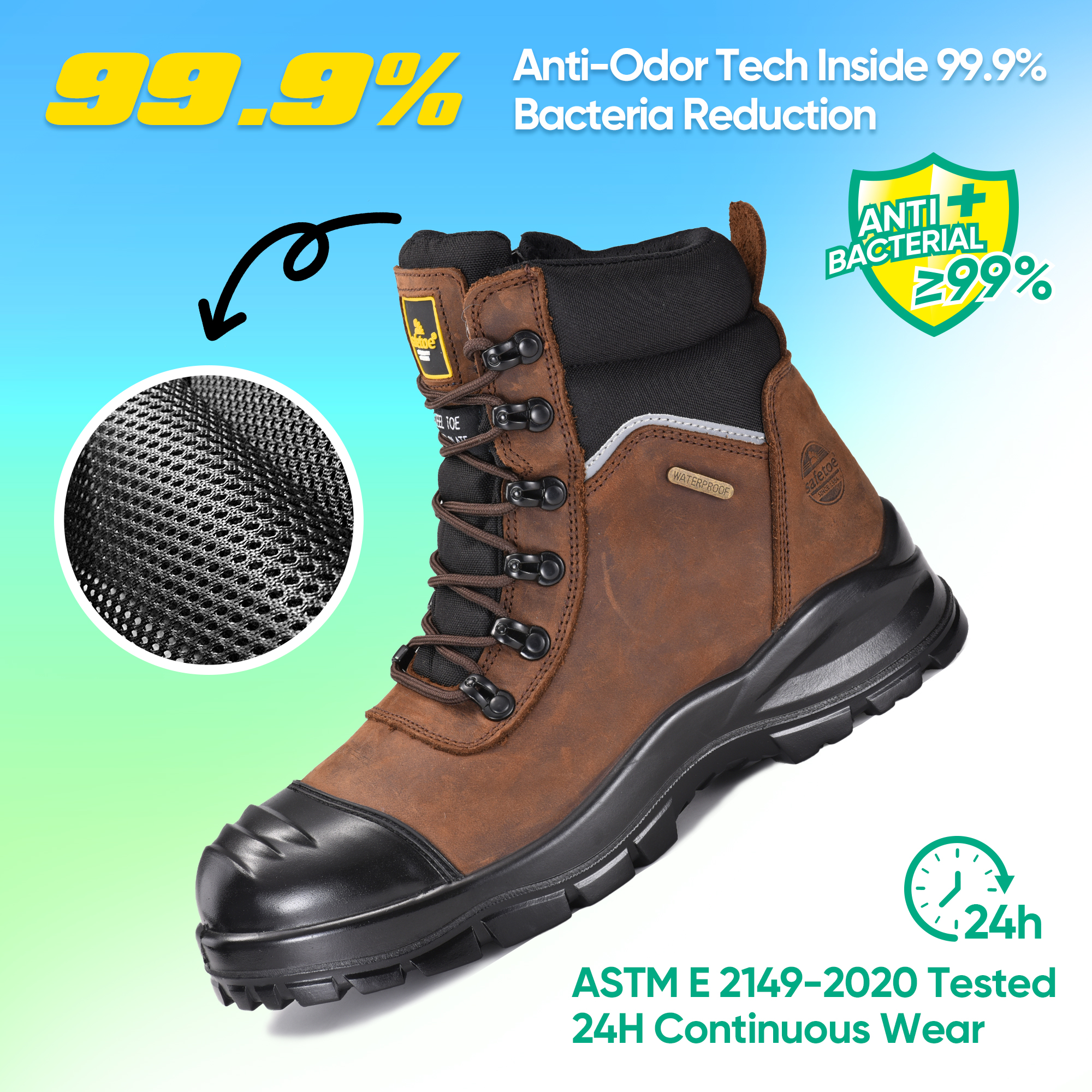 AS 2210.3 Bottes de travail minières imperméables certifiées à bout en acier avec fermeture éclair latérale M-8577 marron