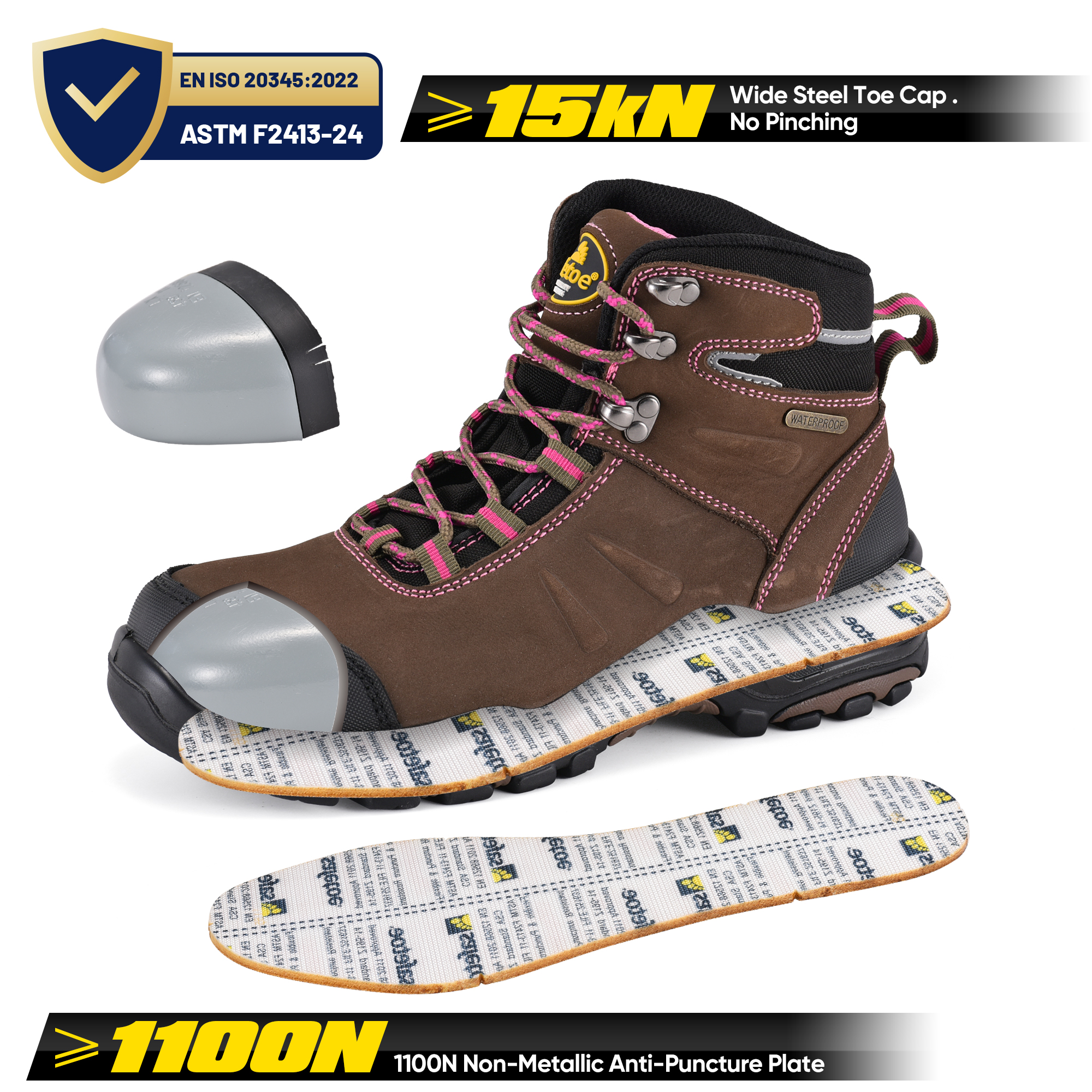 Bottes de travail pour femmes imperméables et résistantes au glissement avec orteil en acier M-8553