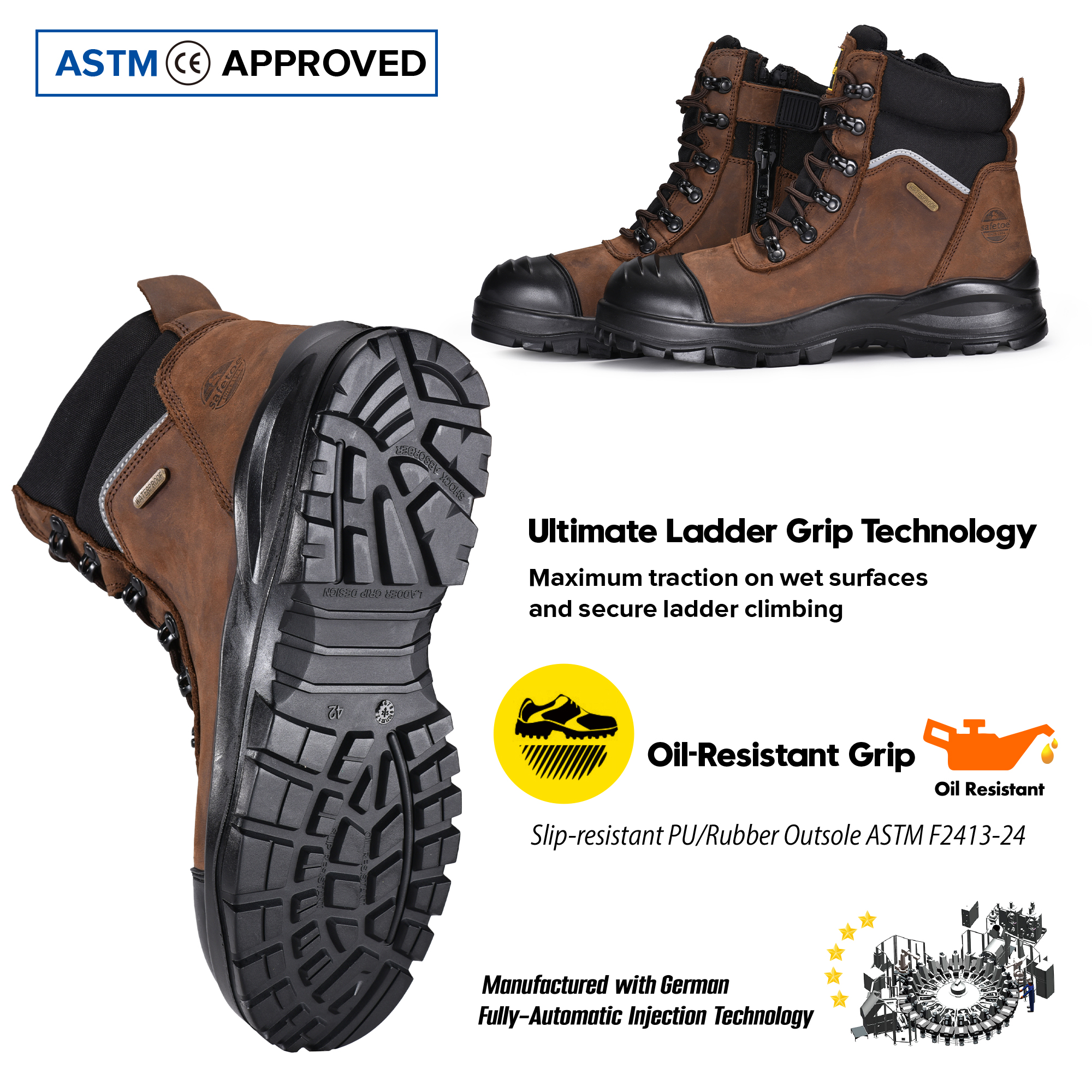 AS 2210.3 Bottes de travail minières imperméables certifiées à bout en acier avec fermeture éclair latérale M-8577 marron