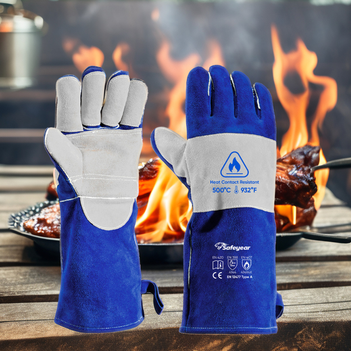 Gants de protection contre les arcs électriques, gants de soudage en cuir de vache FL-1023 bleu et gris