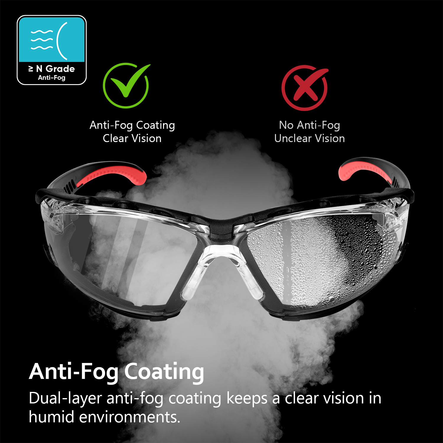 Lunettes de sécurité antibuée pour chantiers poussiéreux doublées de mousse | ANSI Z87.1 et EN166 SG037 Rouge