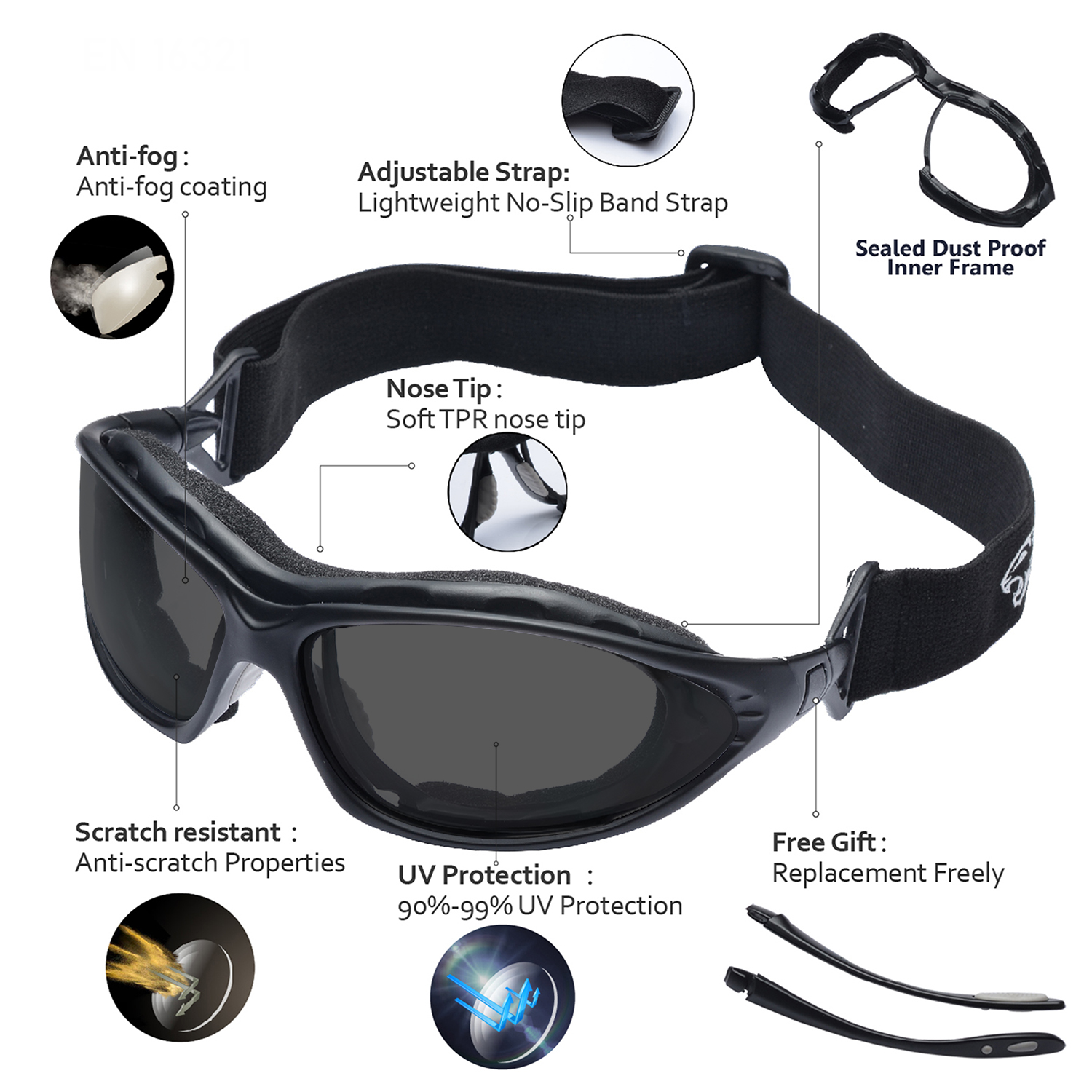 Lunettes de sécurité antibuée ultra confortables avec mousse intérieure rembourrée | ANSI Z87.1 et EN166 SG002 Noir