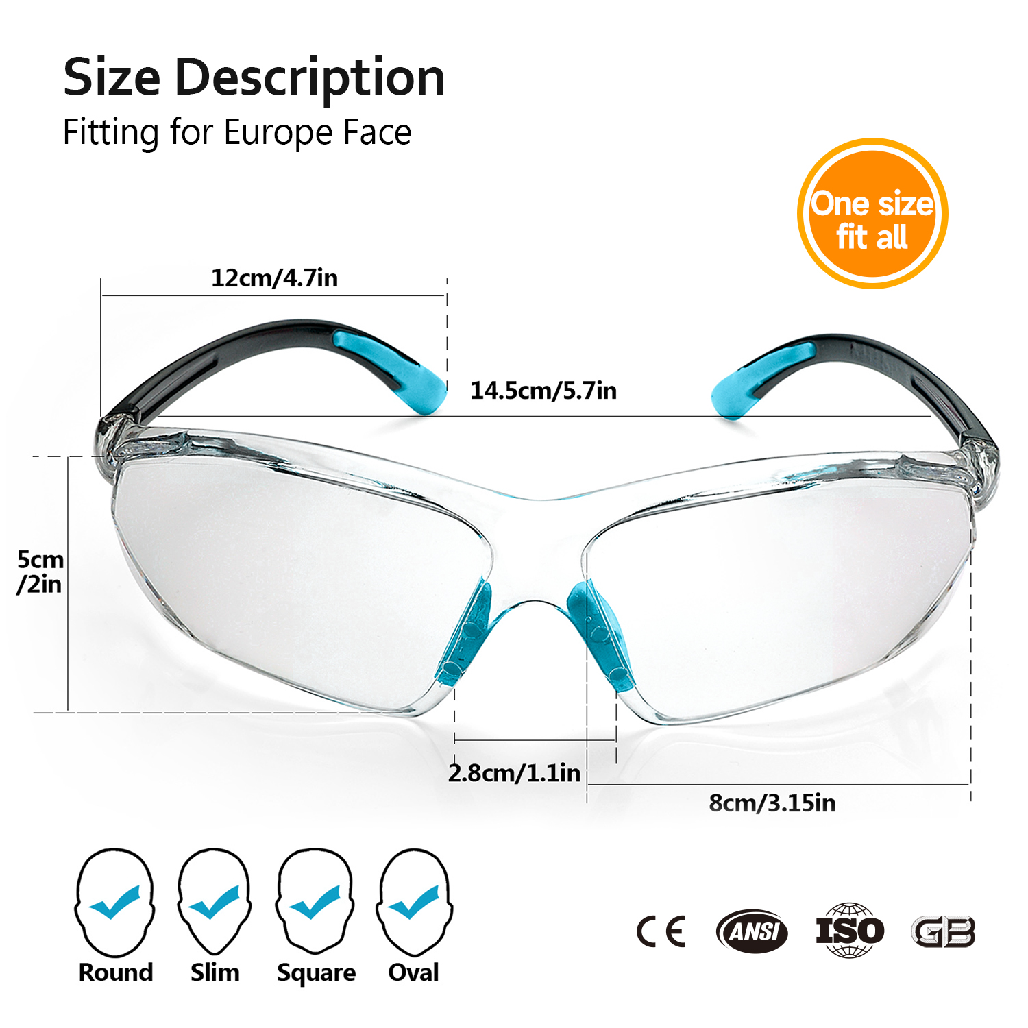 Lunettes de sécurité CE EN166 UV400 Lunettes de travail protectrices SG003 Bleu