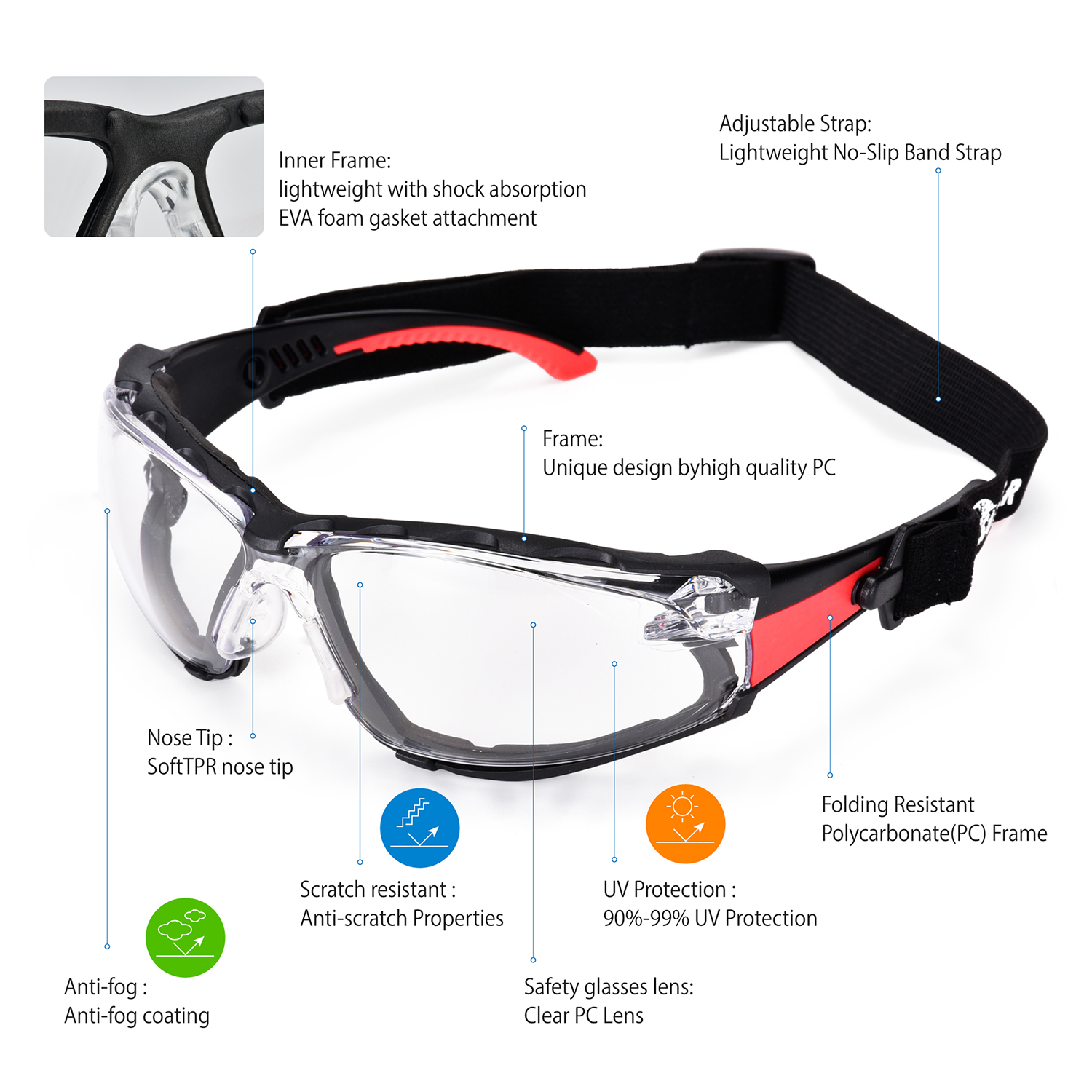 Lunettes de sécurité antibuée pour chantiers poussiéreux doublées de mousse | ANSI Z87.1 et EN166 SG037 Rouge