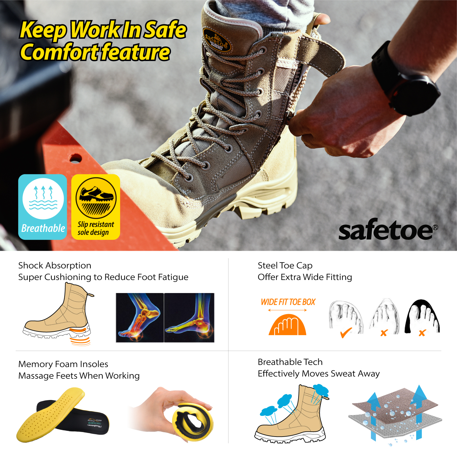 Bottes de travail de sécurité de combat S1P H-9438 Beige SafeCombat-H