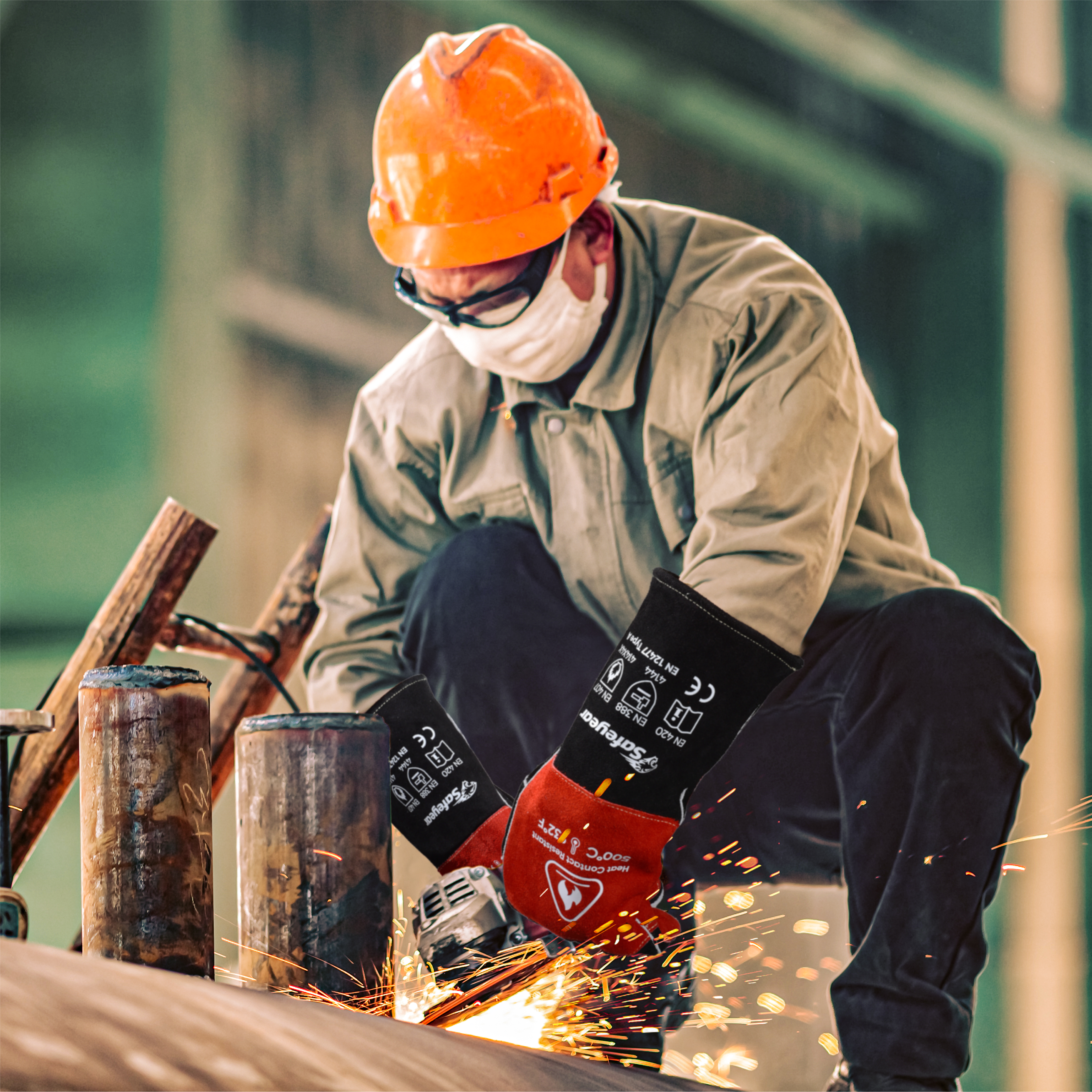  Gants en cuir Gants de soudage résistants à la chaleur FL-1023 Noir et rouge