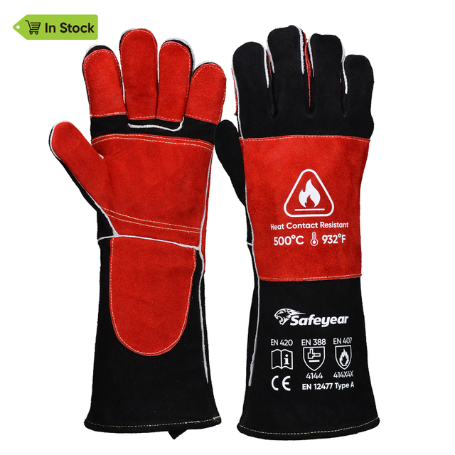  Gants en cuir Gants de soudage résistants à la chaleur FL-1023 Noir et rouge