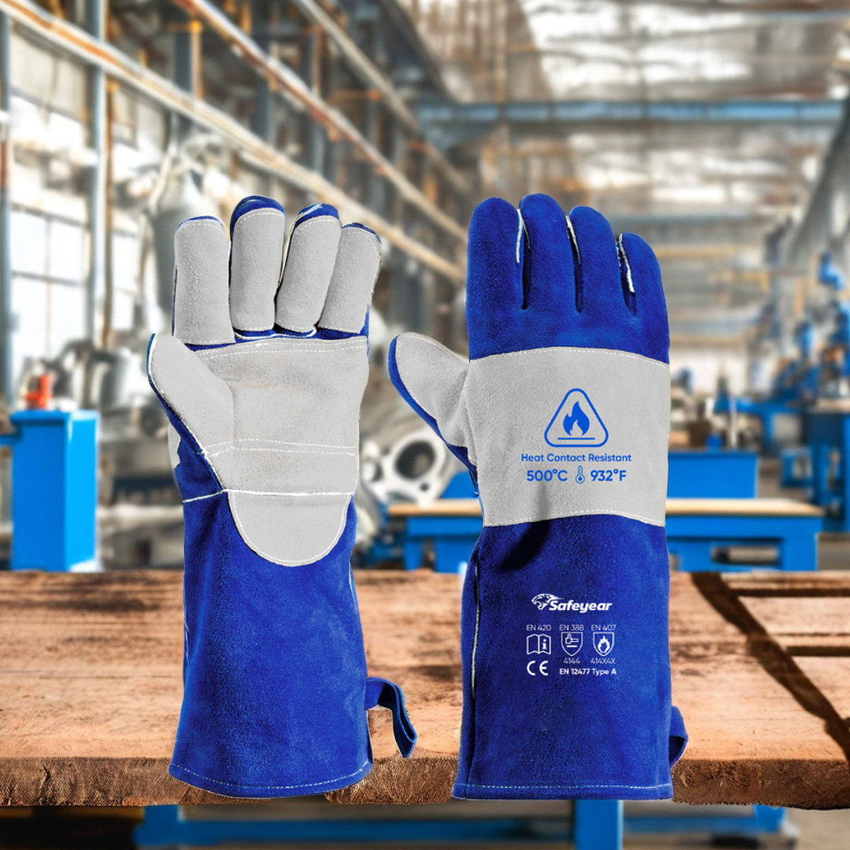 Gants de protection contre les arcs électriques, gants de soudage en cuir de vache FL-1023 bleu et gris