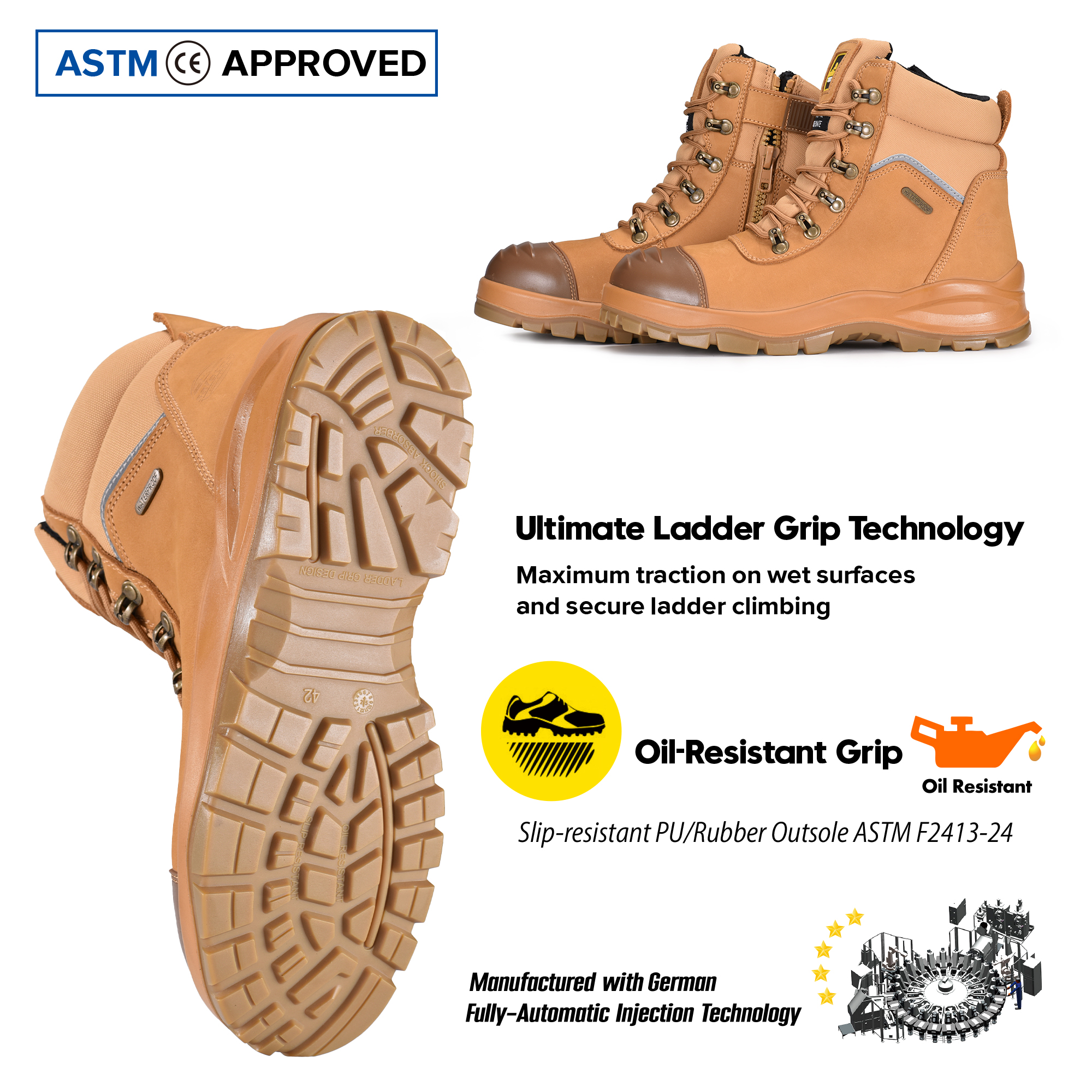 Bottes de sécurité minières à bout en acier imperméables standard d'Australie avec fermeture éclair latérale M-8577 beige