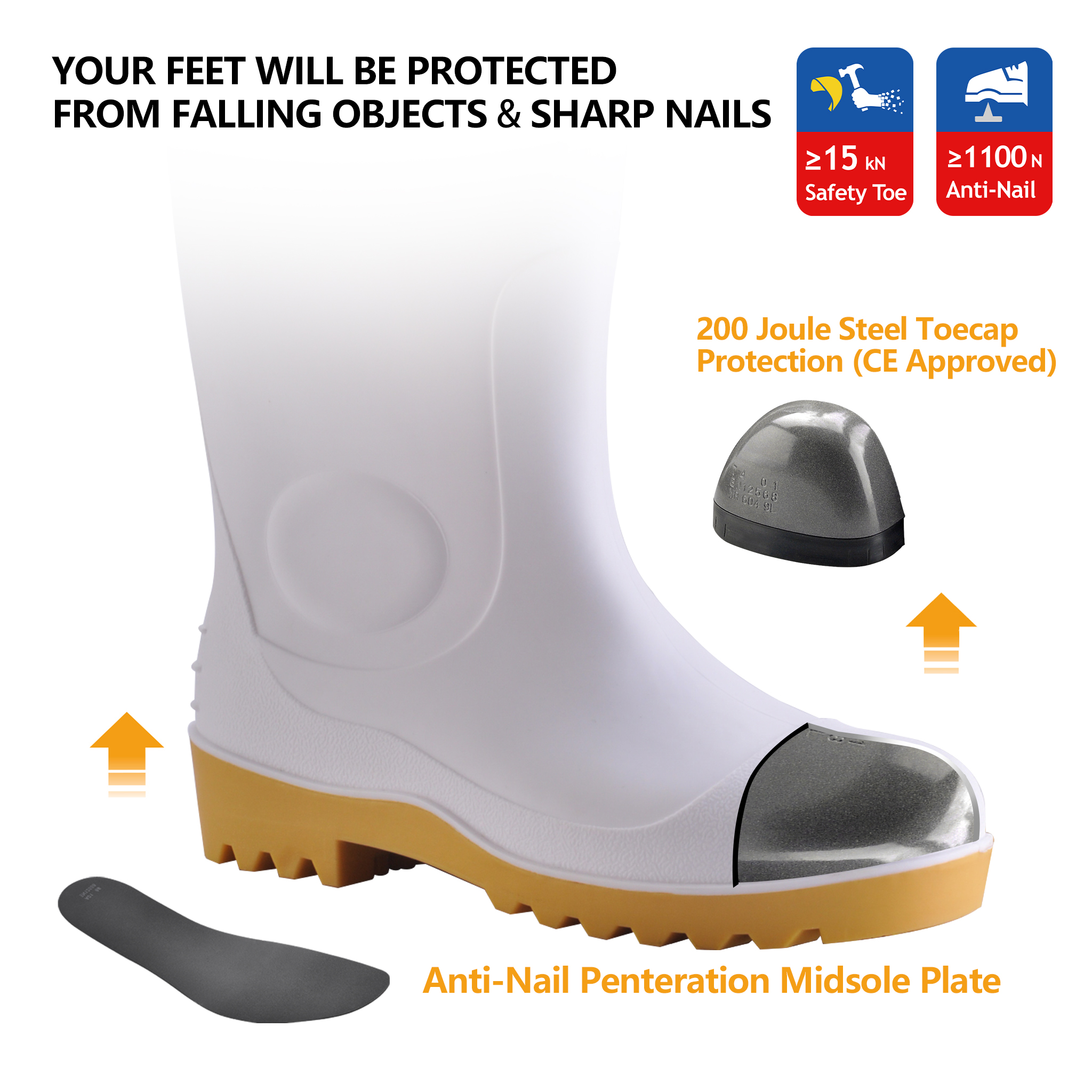 Bottes de pluie Wellington en PVC pour le nettoyage et les environnements industriels humides W-6037 Blanc AquaPioneer