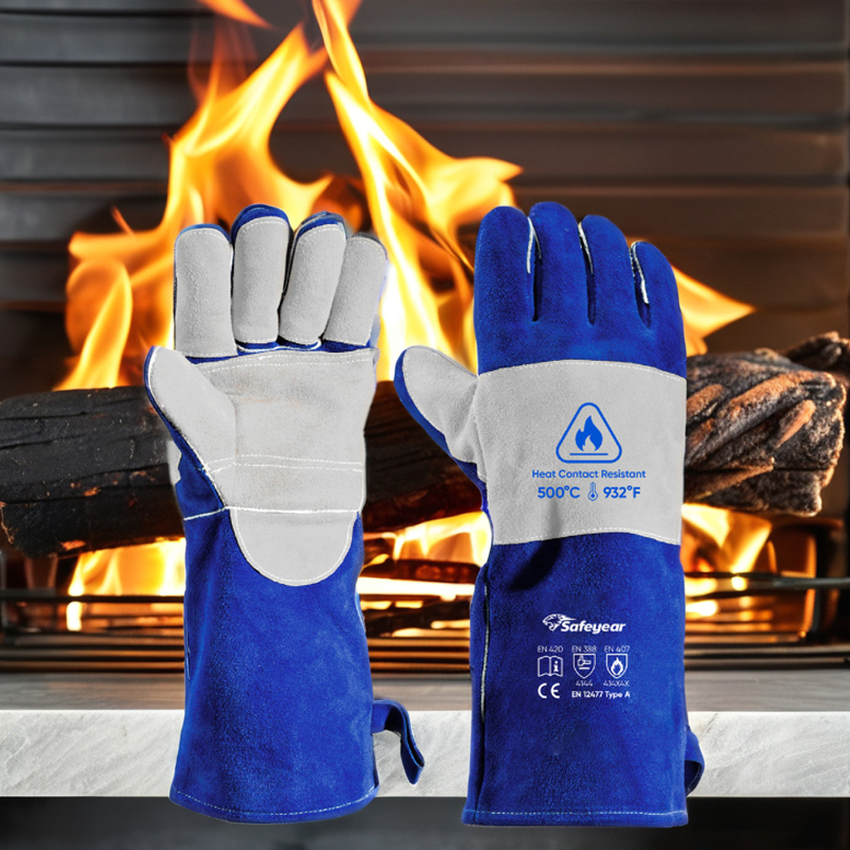 Gants de protection contre les arcs électriques, gants de soudage en cuir de vache FL-1023 bleu et gris
