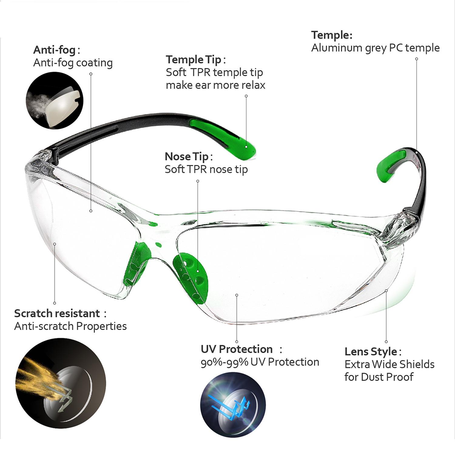 Ready Stock Lunettes de sécurité antibuée anti-rayures ANSI Z87.1 CE EN166 SG003 Vert