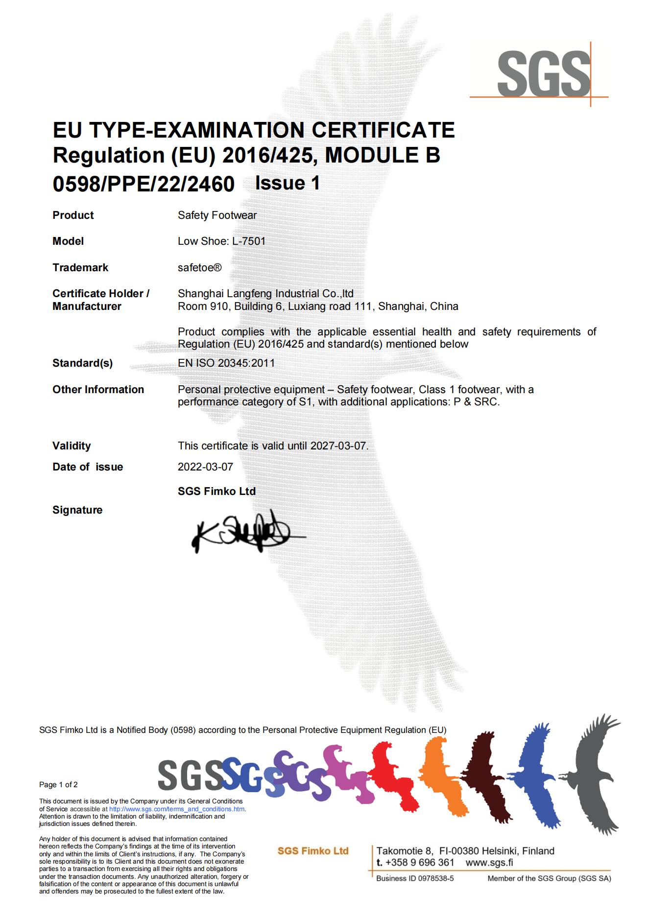 L-7501 Safetoe Certificat CE pour les chaussures de s&eacute;curit&eacute;