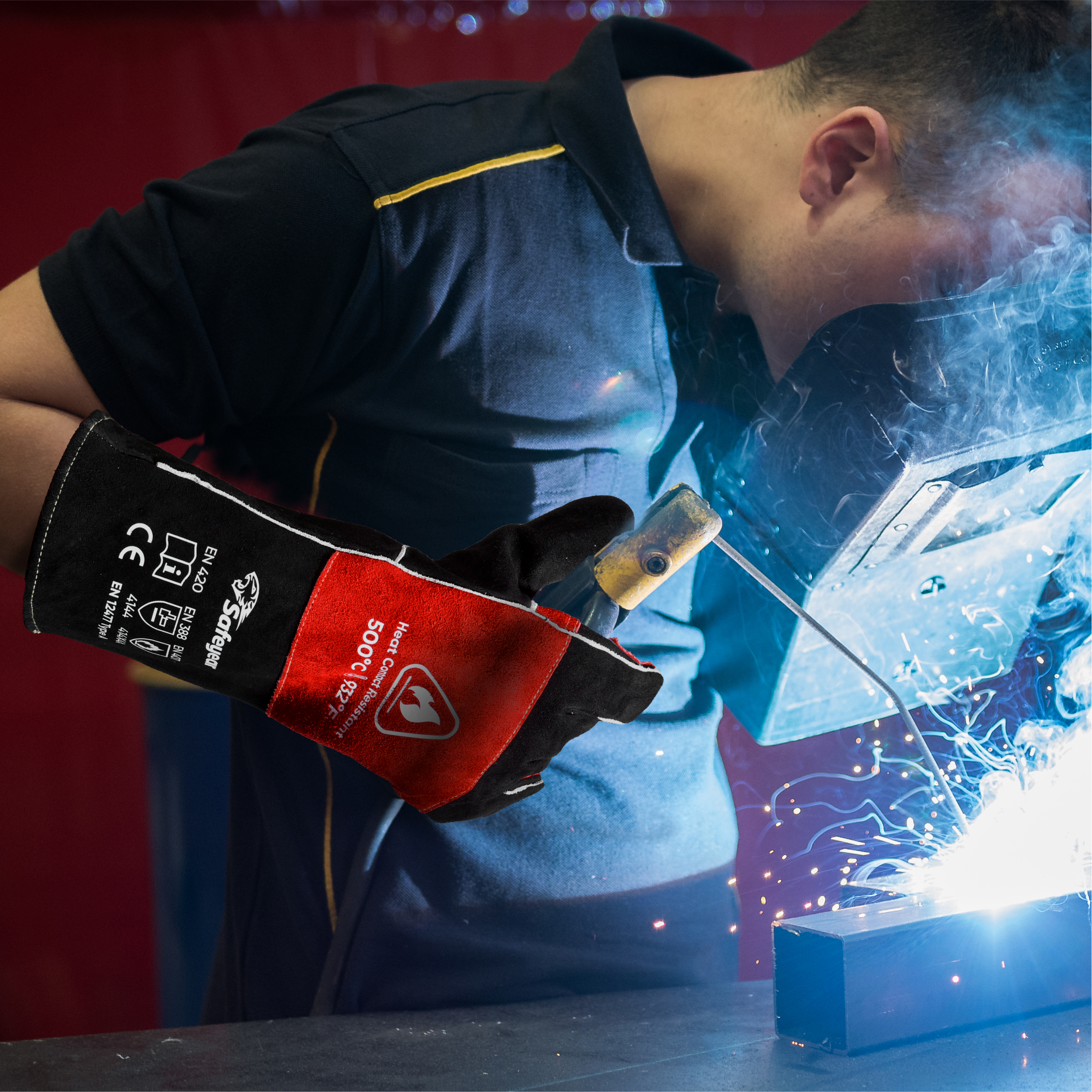  Gants en cuir Gants de soudage résistants à la chaleur FL-1023 Noir et rouge