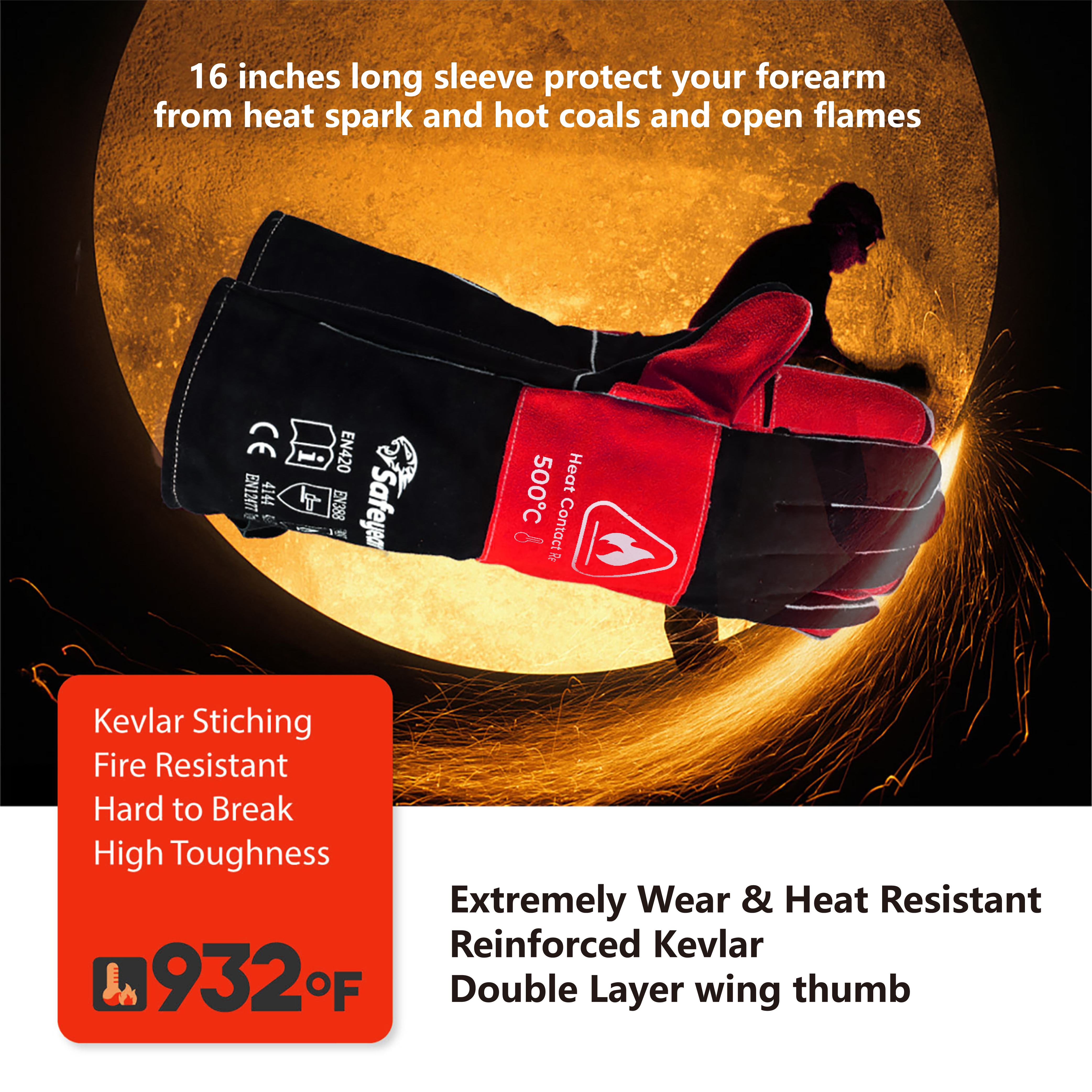  Gants en cuir Gants de soudage résistants à la chaleur FL-1023 Noir et rouge