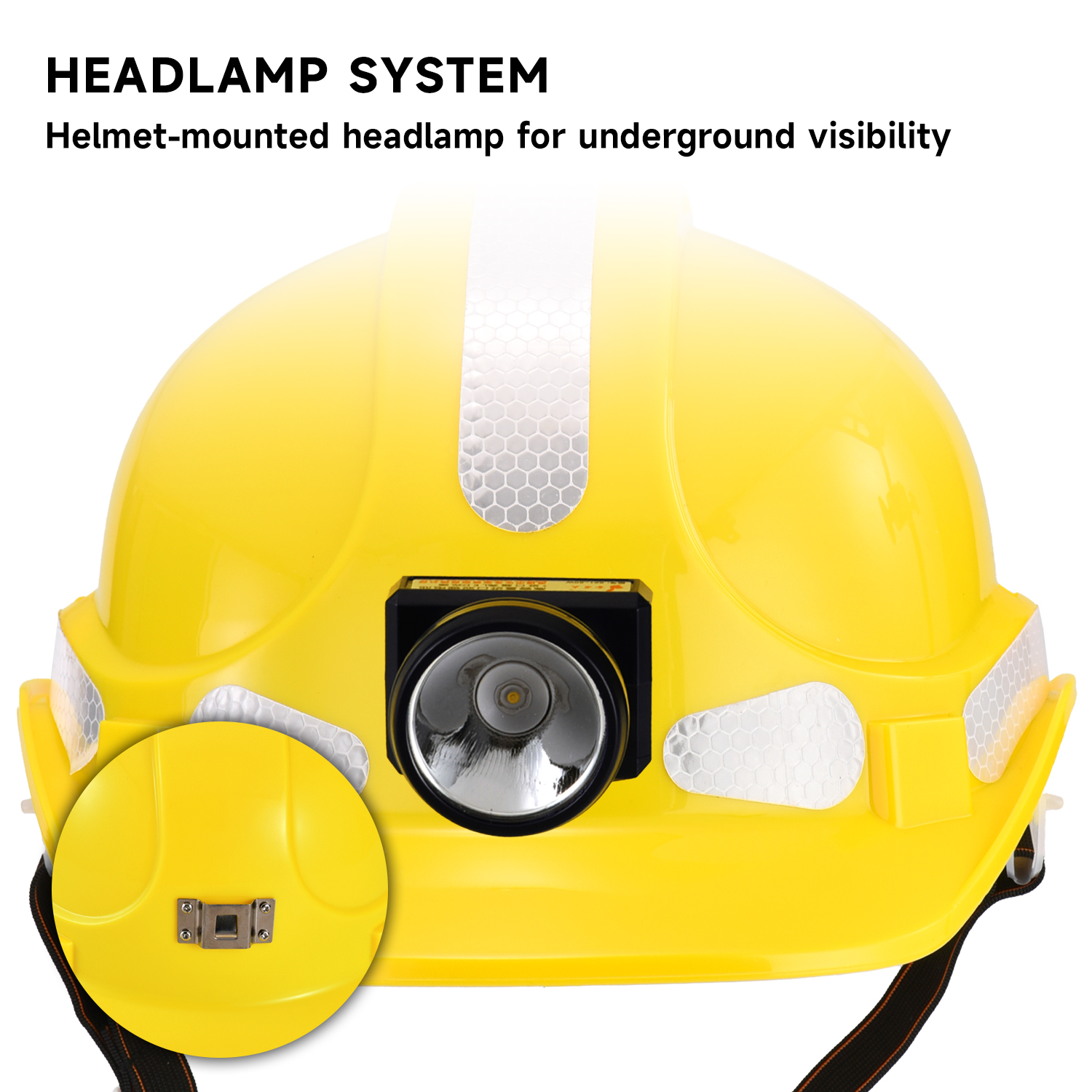 Casque de sécurité pour mines et souterrains avec lampe frontale et bandes réfléchissantes