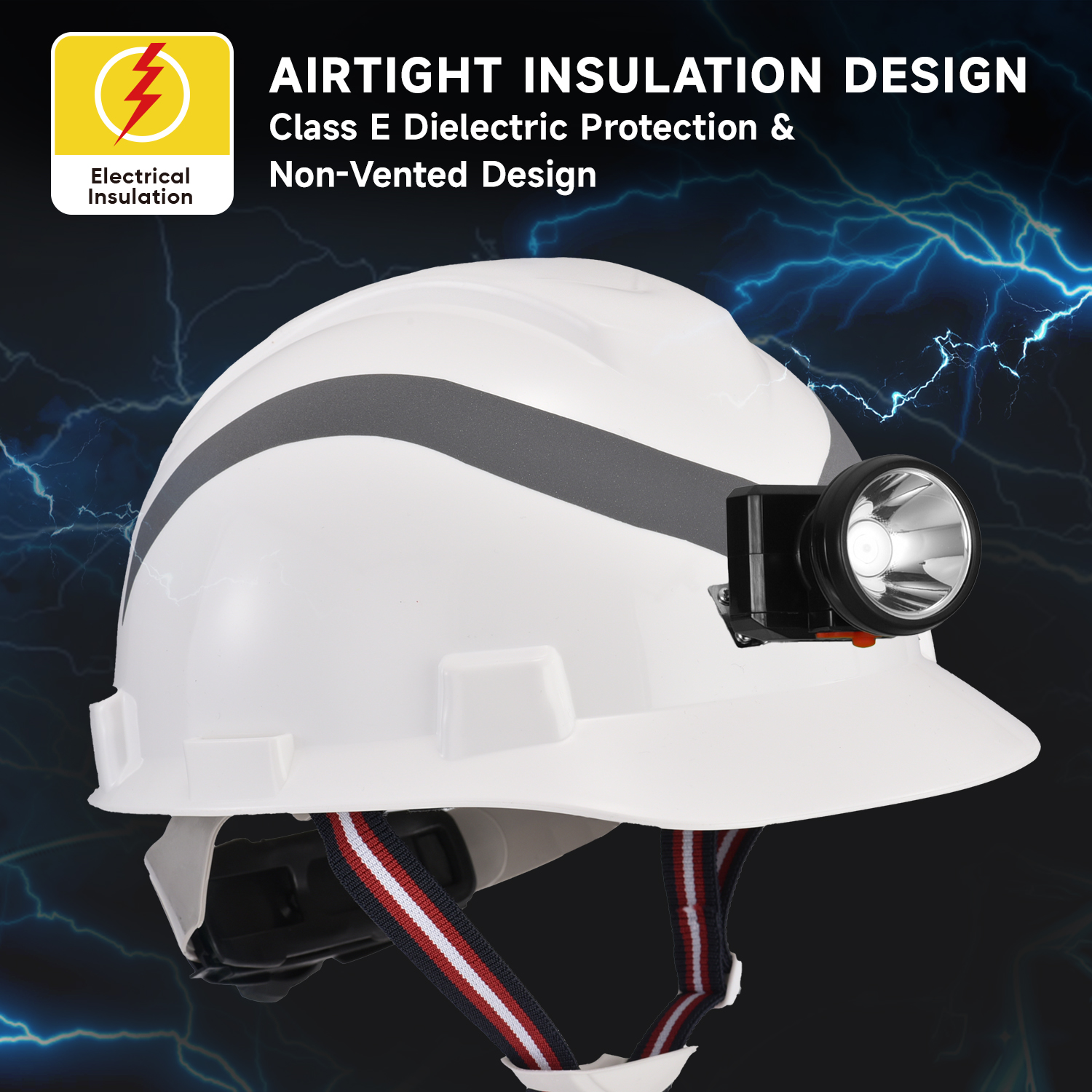 Casque de sécurité utilitaire souterrain avec lampe frontale et bandes réfléchissantes
