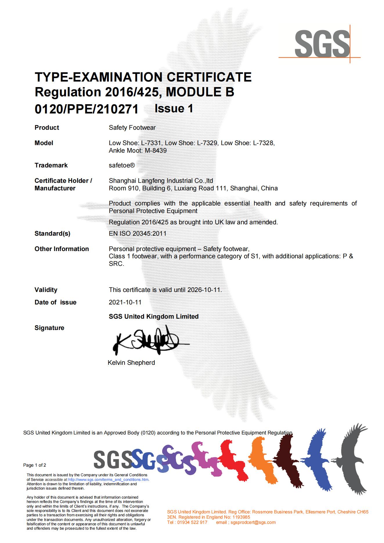 Safetoe L-7331 Certificat UKCA pour les chaussures de s&eacute;curit&eacute;