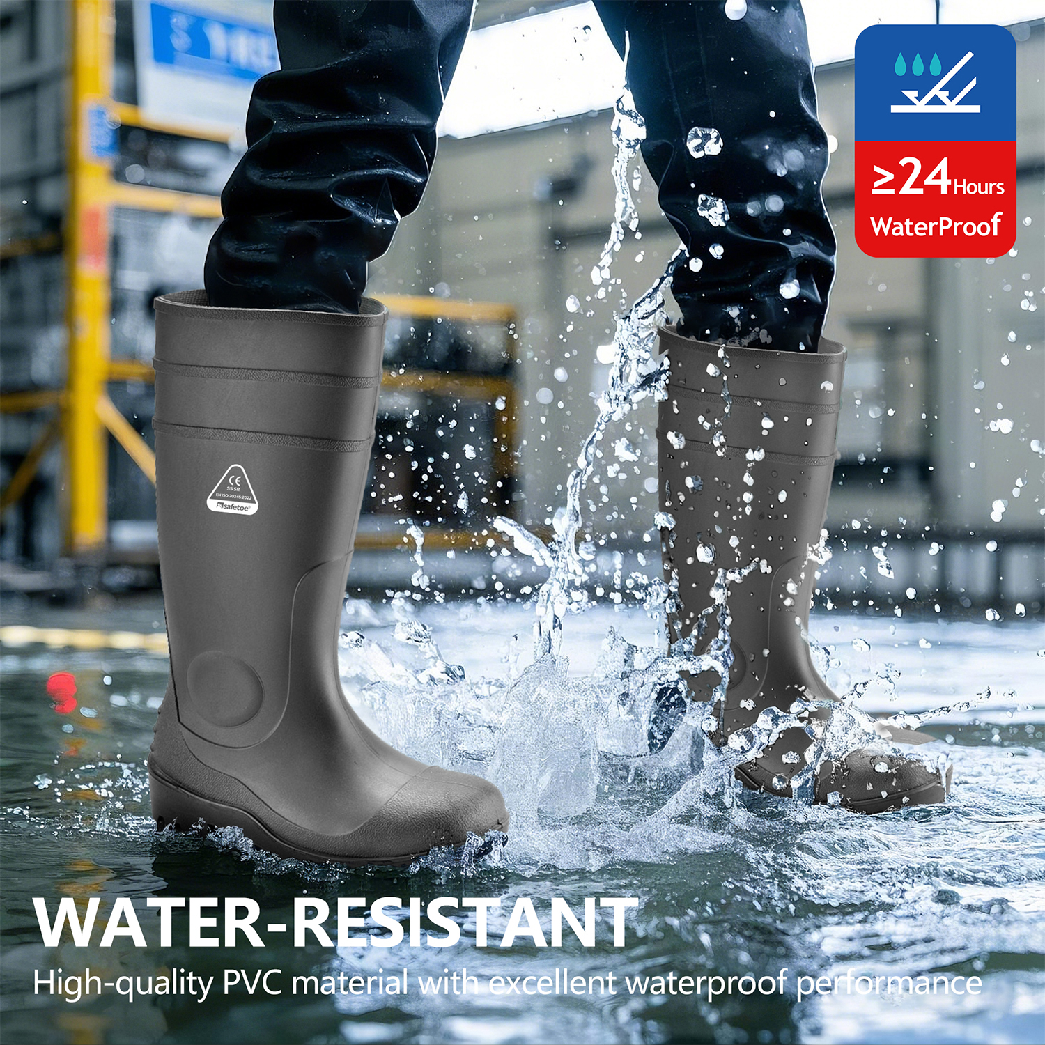 Bottes de sécurité en caoutchouc S5 approuvées CE – Bottes industrielles robustes et imperméables en PVC W-6037 Noir AquaPioneer