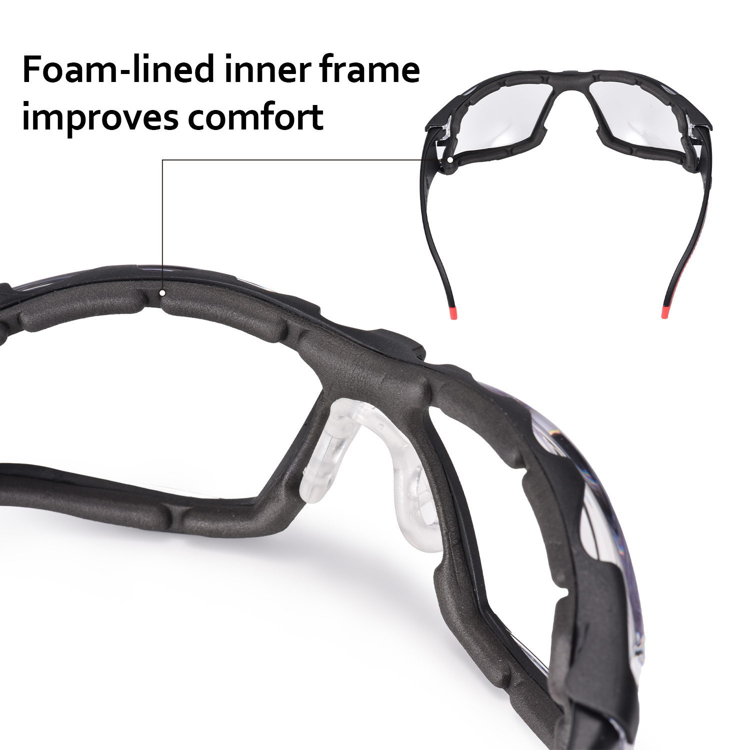 Lunettes de sécurité antibuée pour chantiers poussiéreux doublées de mousse | ANSI Z87.1 et EN166 SG037 Rouge