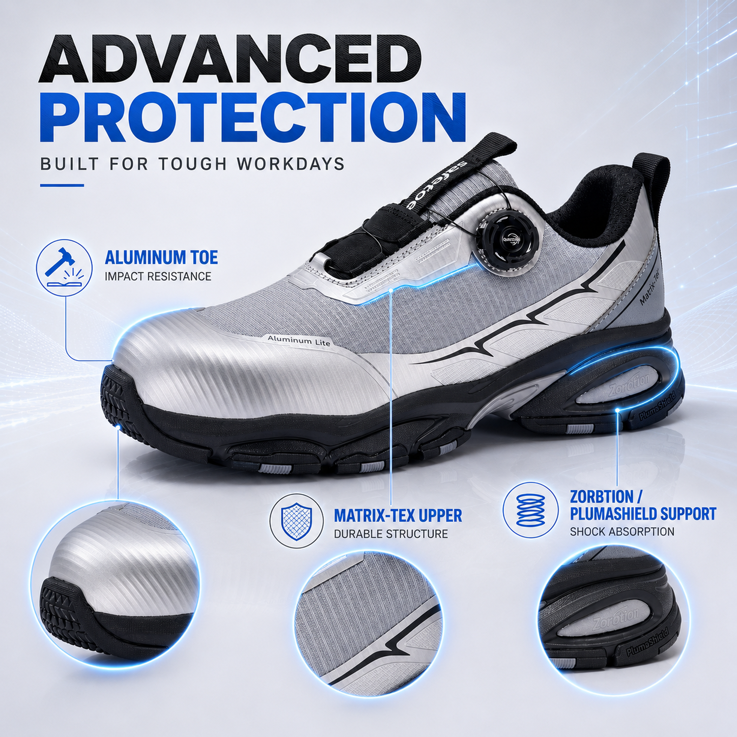 Chaussures de sécurité Sports Design QuickDial, embout en aluminium S1P et antidérapant pour les travailleurs de la logistique L-7601 gris