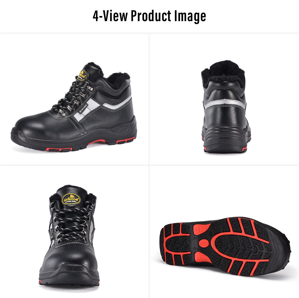 Image en quatre vues de Safetoe Bottes de s&eacute;curit&eacute; d'hiver isol&eacute;es M-8027 montrant des vues de c&ocirc;t&eacute;, de l'arri&egrave;re, de l'avant et de la semelle ext&eacute;rieure antid&eacute;rapante 