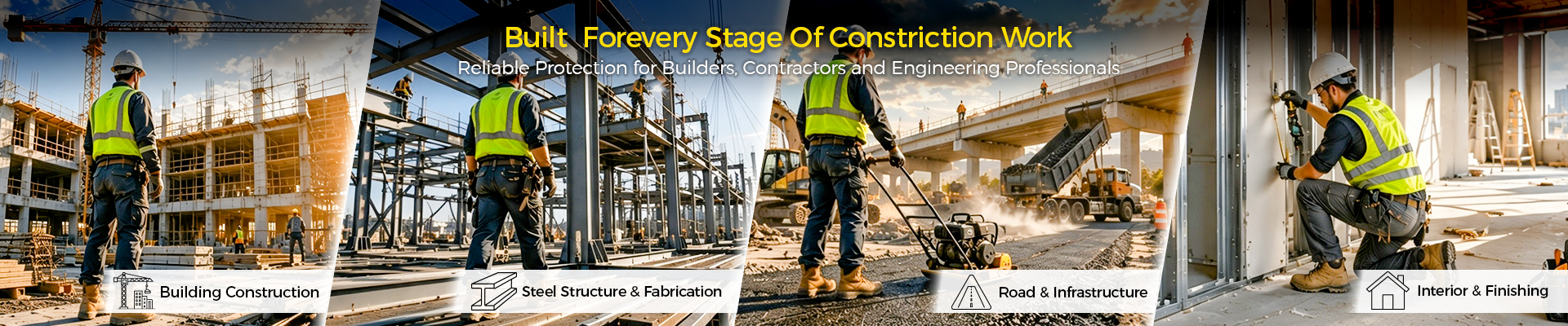 Solutions de chaussures de sécurité pour la construction montrant des constructeurs, des entrepreneurs et des travailleurs industriels dans des environnements de construction, d'infrastructure et de maintenance.