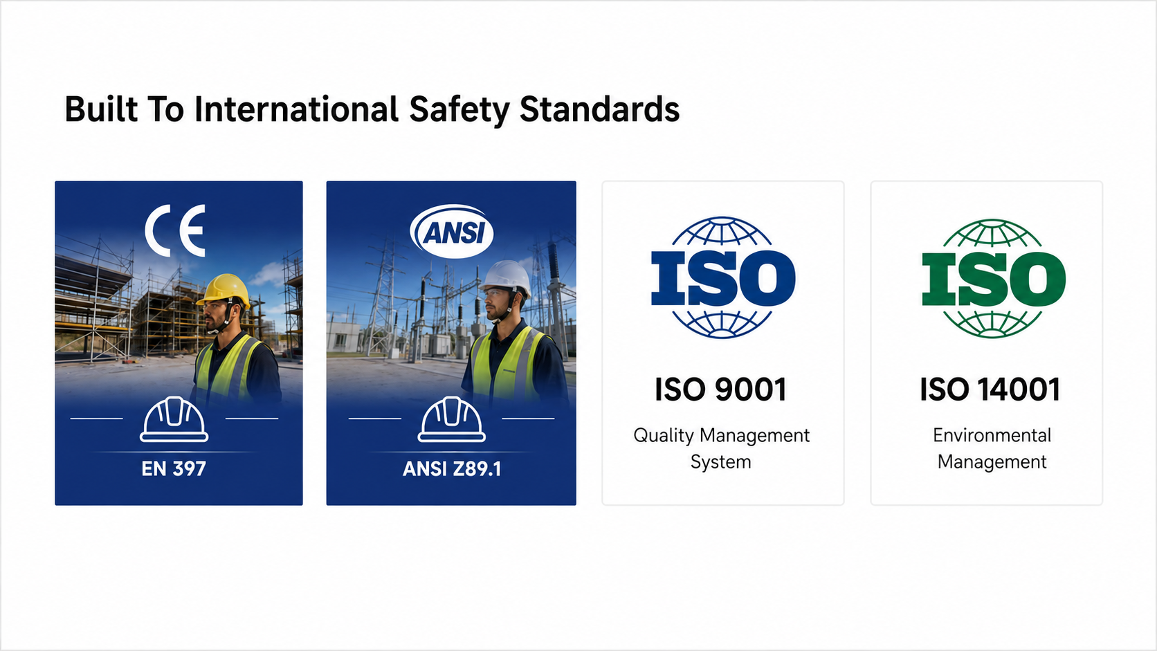 Normes sur les casques de s&eacute;curit&eacute; pour la construction, notamment EN 397, ANSI Z89.1, ISO 9001 et ISO 14001