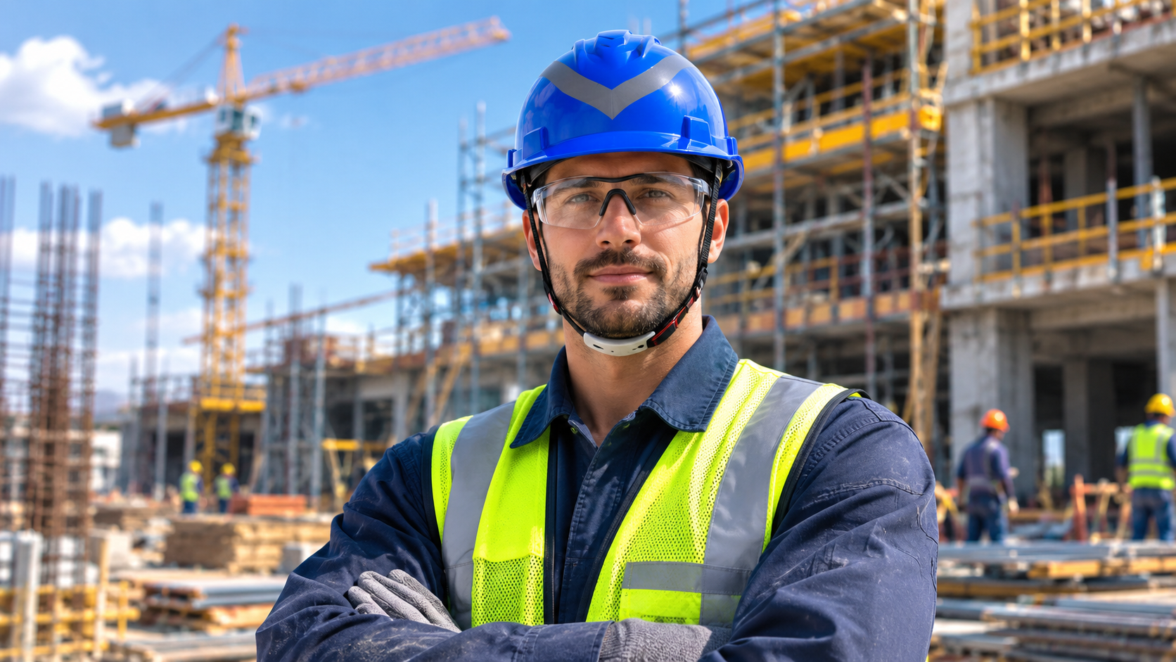 Travailleur de la construction portant un casque de s&eacute;curit&eacute; bleu et un gilet r&eacute;fl&eacute;chissant sur un chantier actif
