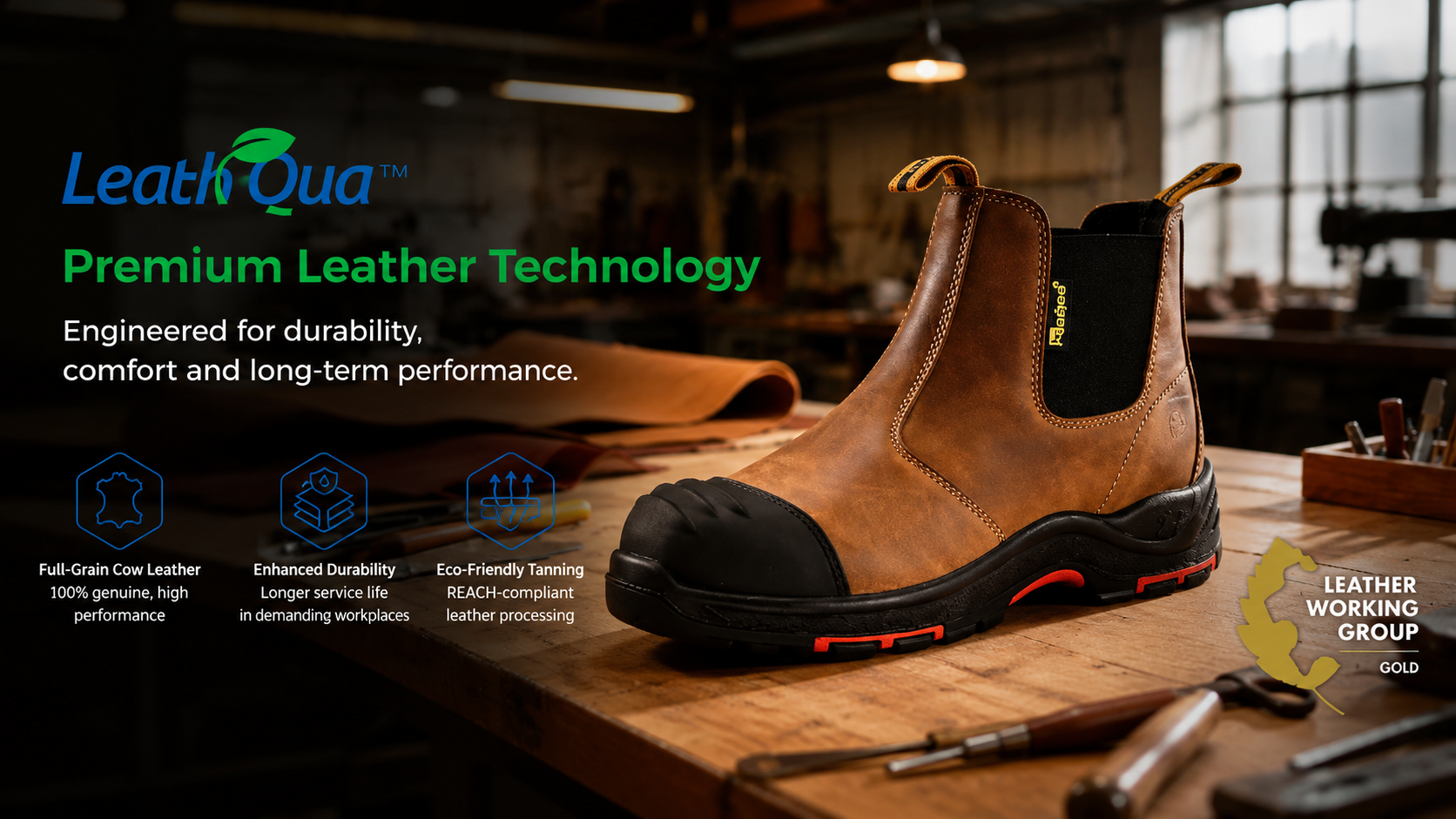Botte de s&eacute;curit&eacute; Chelsea en cuir marron dot&eacute;e de la technologie de cuir haut de gamme LeathQua dans un atelier de chaussures