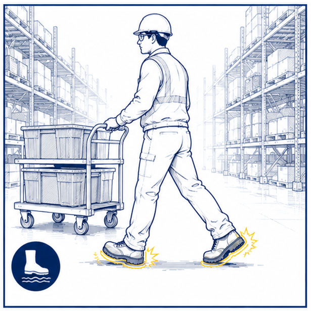 Employ&eacute; de la logistique marchant sur un sol glissant d'entrep&ocirc;t tout en d&eacute;pla&ccedil;ant des marchandises