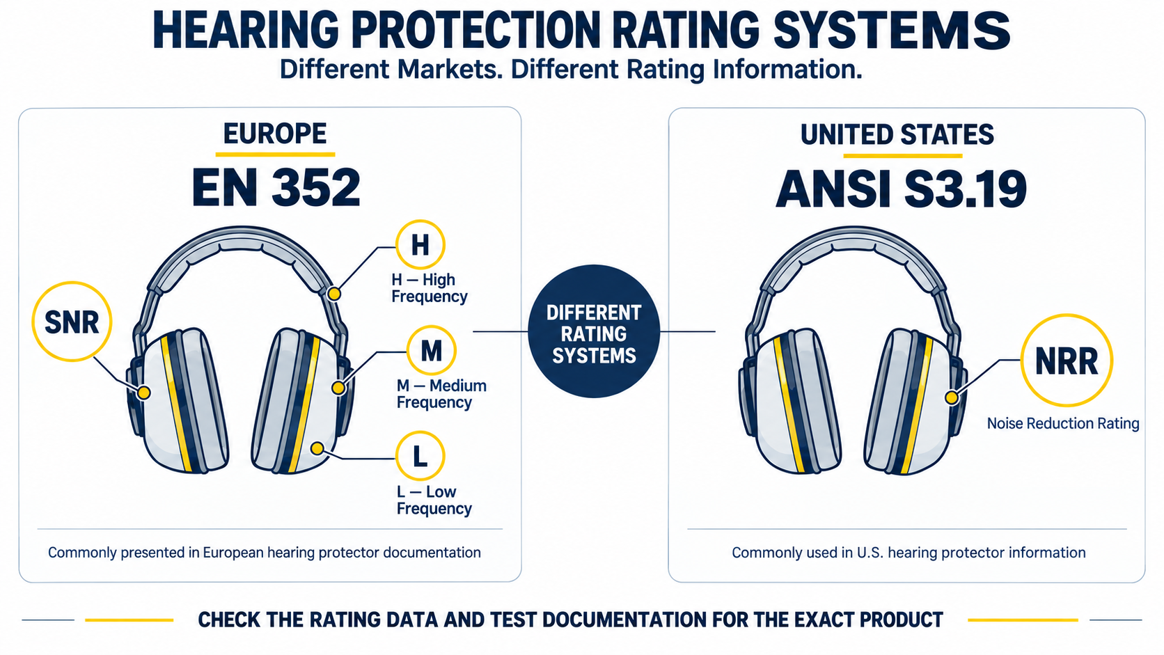 Donn&eacute;es europ&eacute;ennes d'att&eacute;nuation SNR et HML compar&eacute;es aux indices de protection auditive am&eacute;ricains NRR
