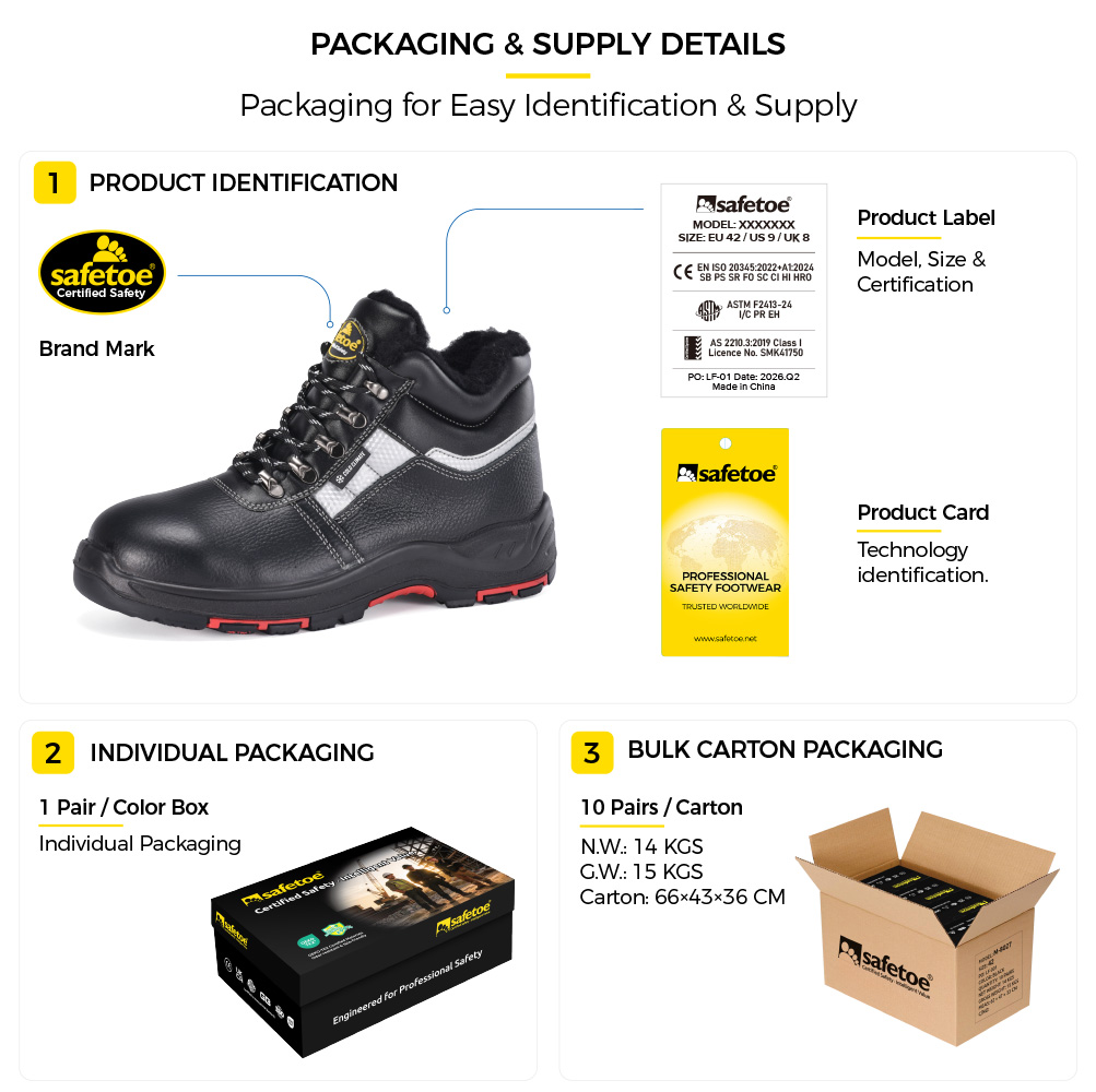 Safetoe D&eacute;tails de l'emballage des bottes de s&eacute;curit&eacute; d'hiver M-8027 montrant l'&eacute;tiquette du produit, la bo&icirc;te &agrave; chaussures individuelle et l'approvisionnement en carton en vrac