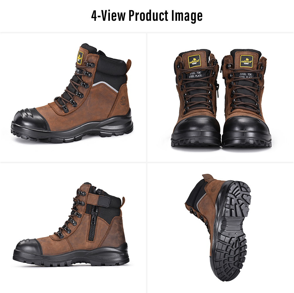 Plusieurs vues des bottes de s&eacute;curit&eacute; industrielles &agrave; fermeture &eacute;clair lat&eacute;rale en cuir marron M-8577