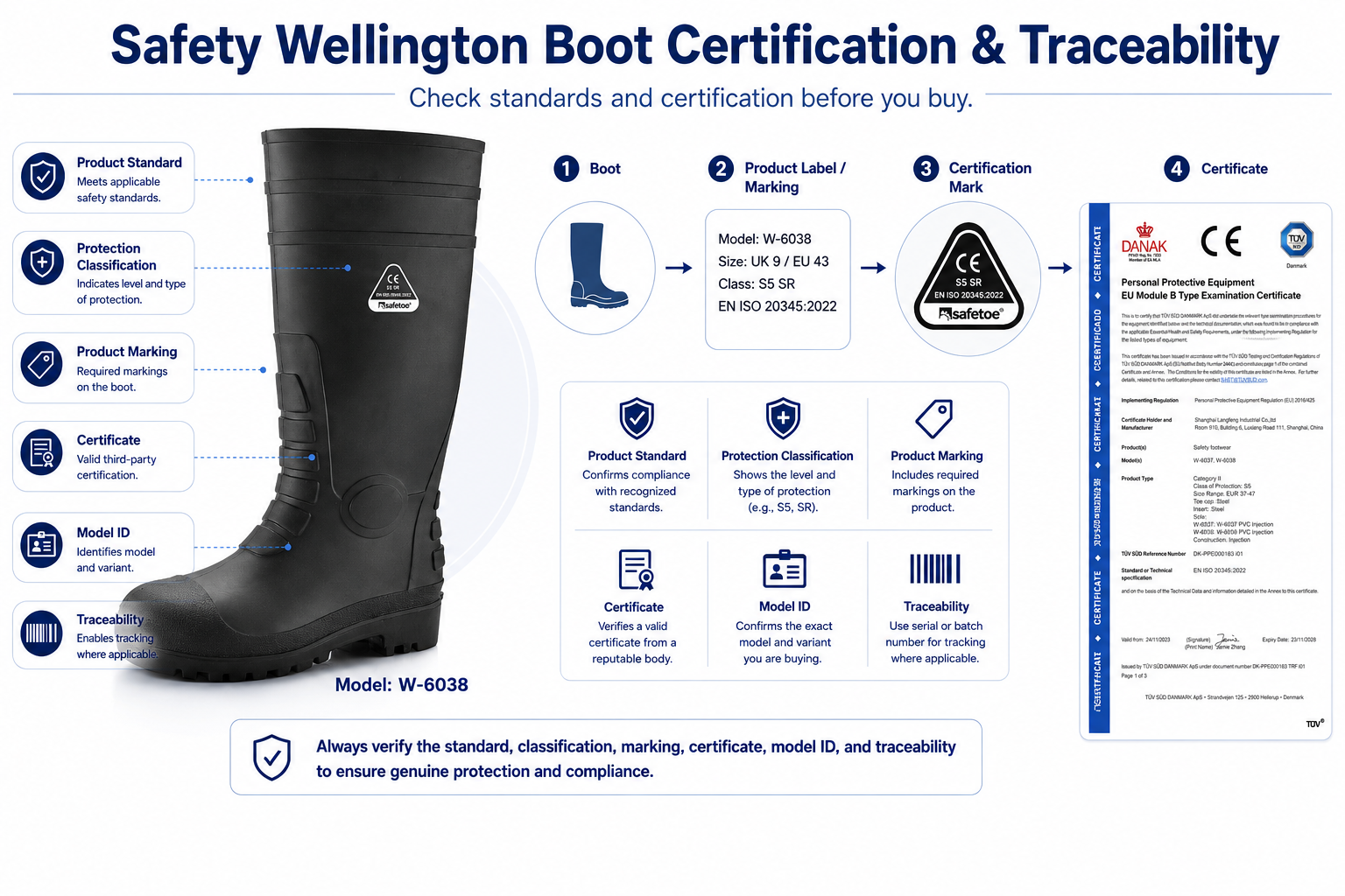 &Eacute;tiquette de marquage de certification des bottes Wellington de s&eacute;curit&eacute; et identification du produit